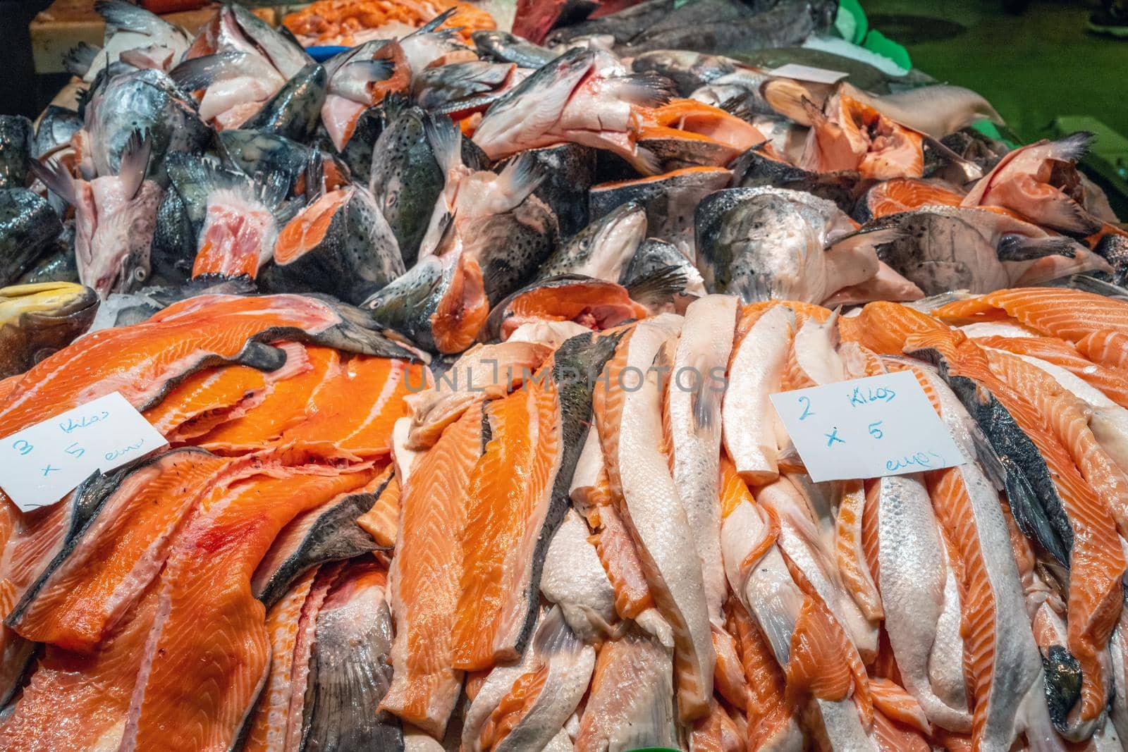 Pieces of salmon for sale at a market in Spain