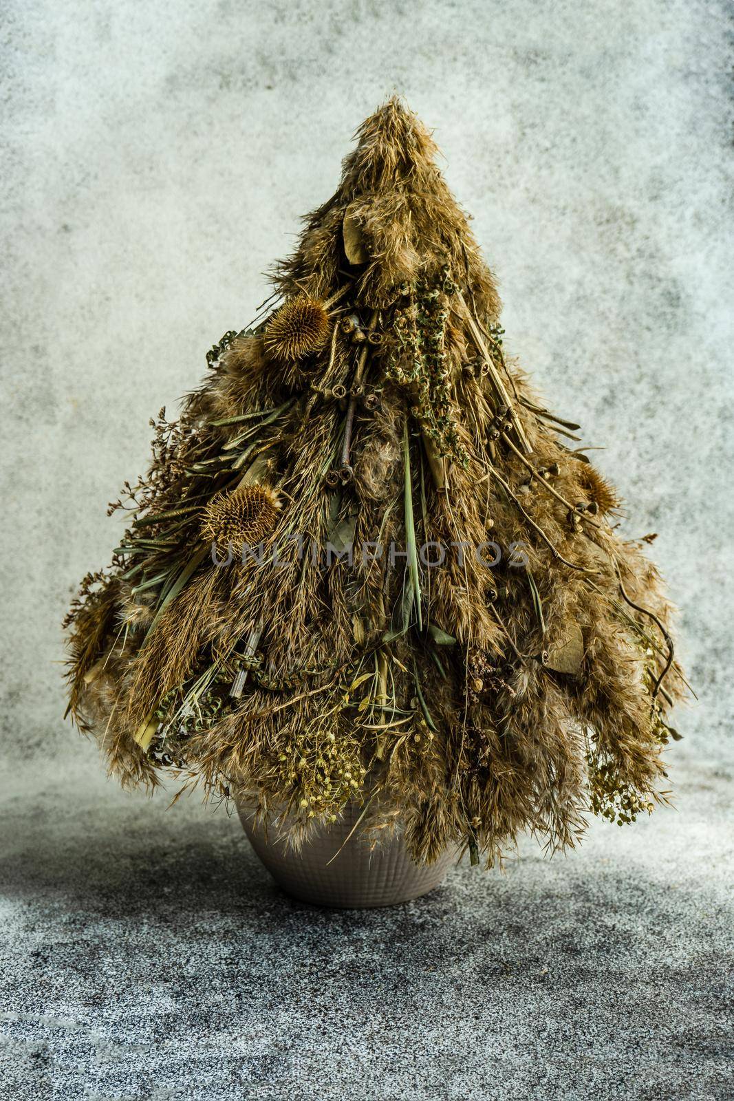 Christmas interior decoration with xmas tree made with dry grass, branches and leaves