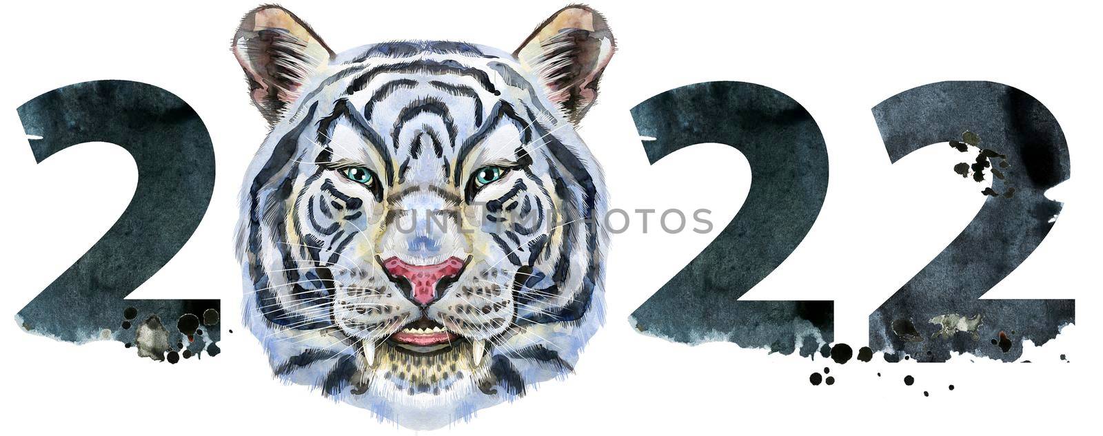 New year 2022 watercolor number with tiger head isolated on the white background