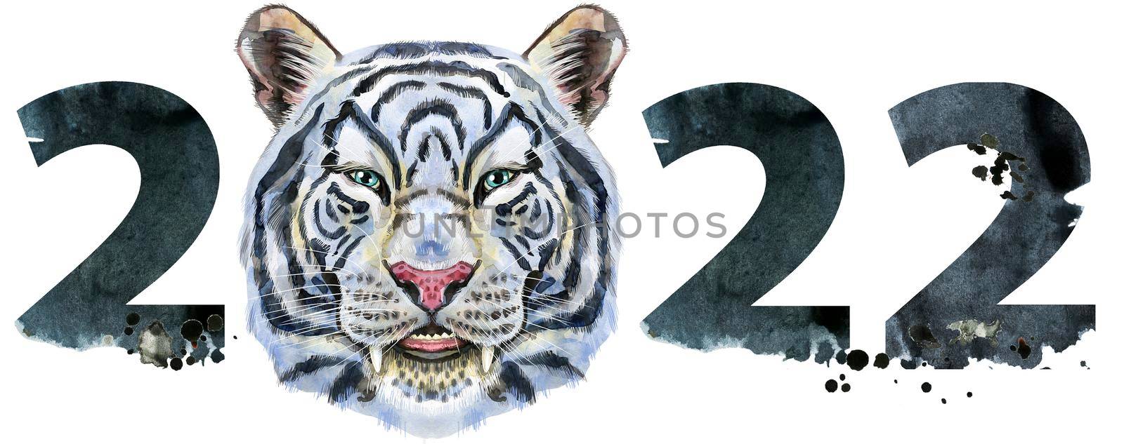 Watercolor illustration new year two thousand and twenty two with tiger head by NataOmsk