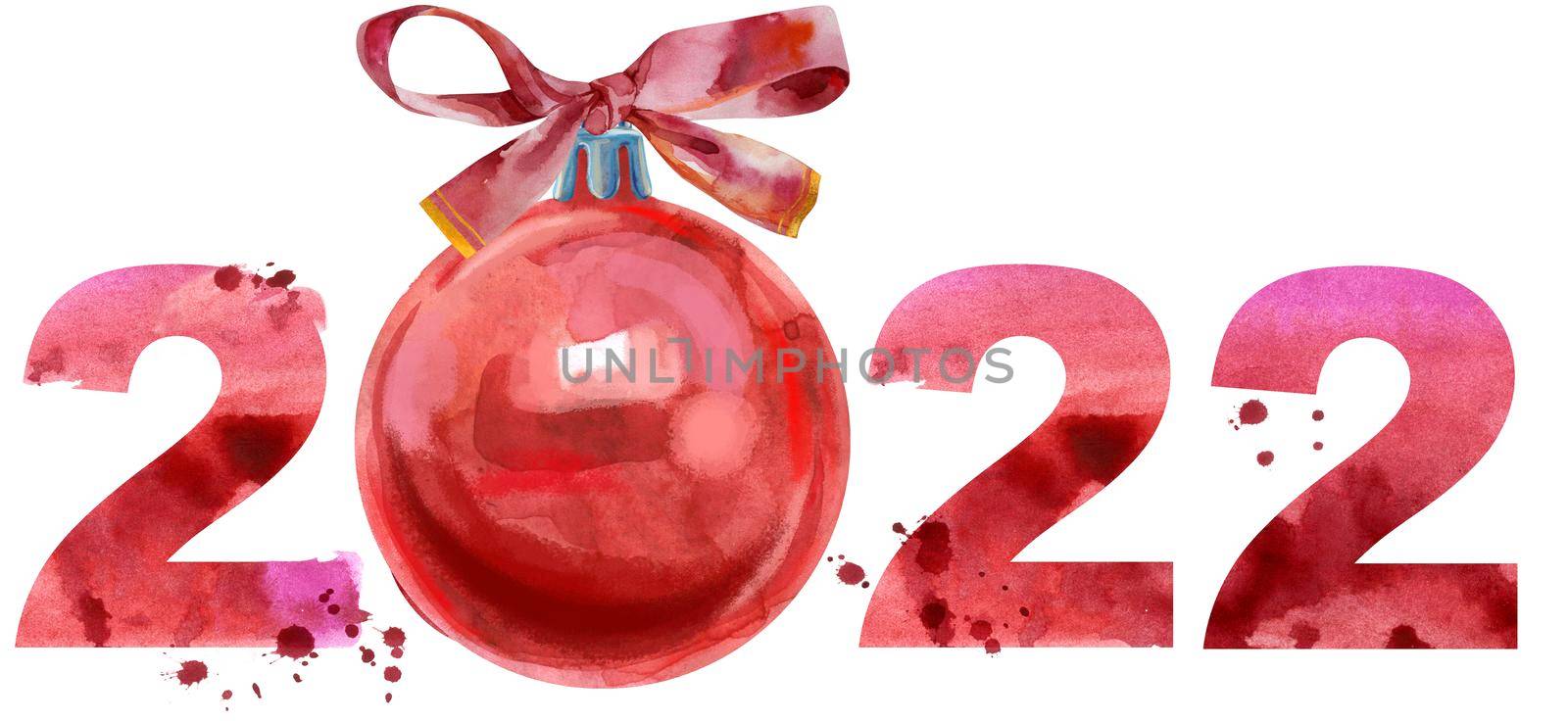 New year 2022 watercolor number with Christmas ball isolated on the white background
