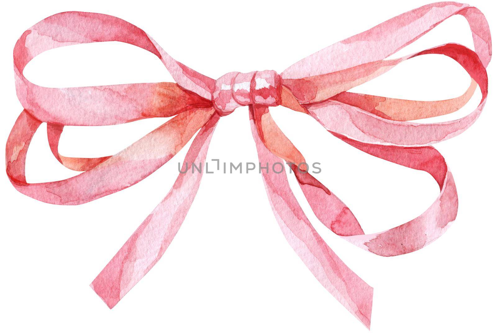 Watercolor pink bow. Hand painted gift bow isolated on white background. Party or greeting object