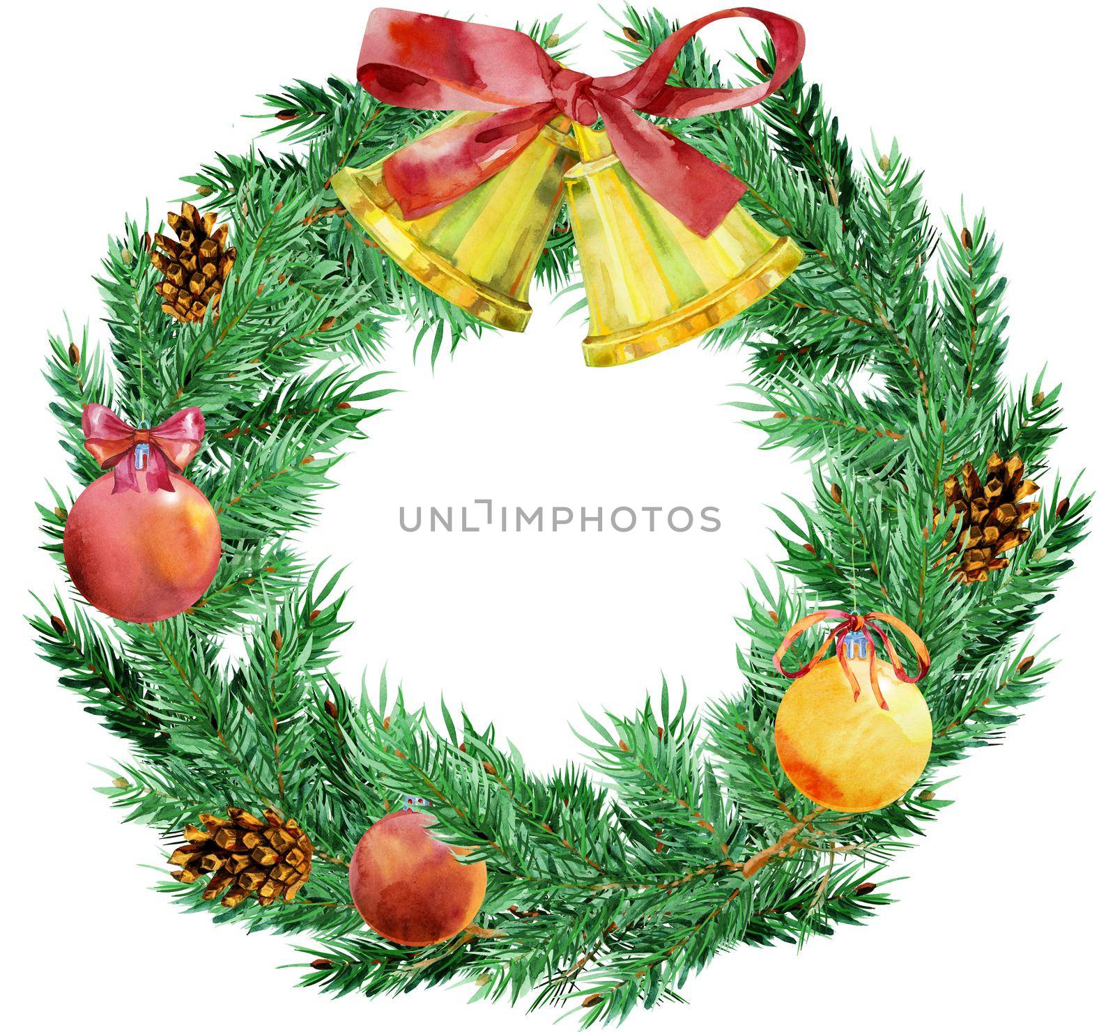 Watercolor Christmas wreath frame isolated on the white background. Green, decoration. by NataOmsk