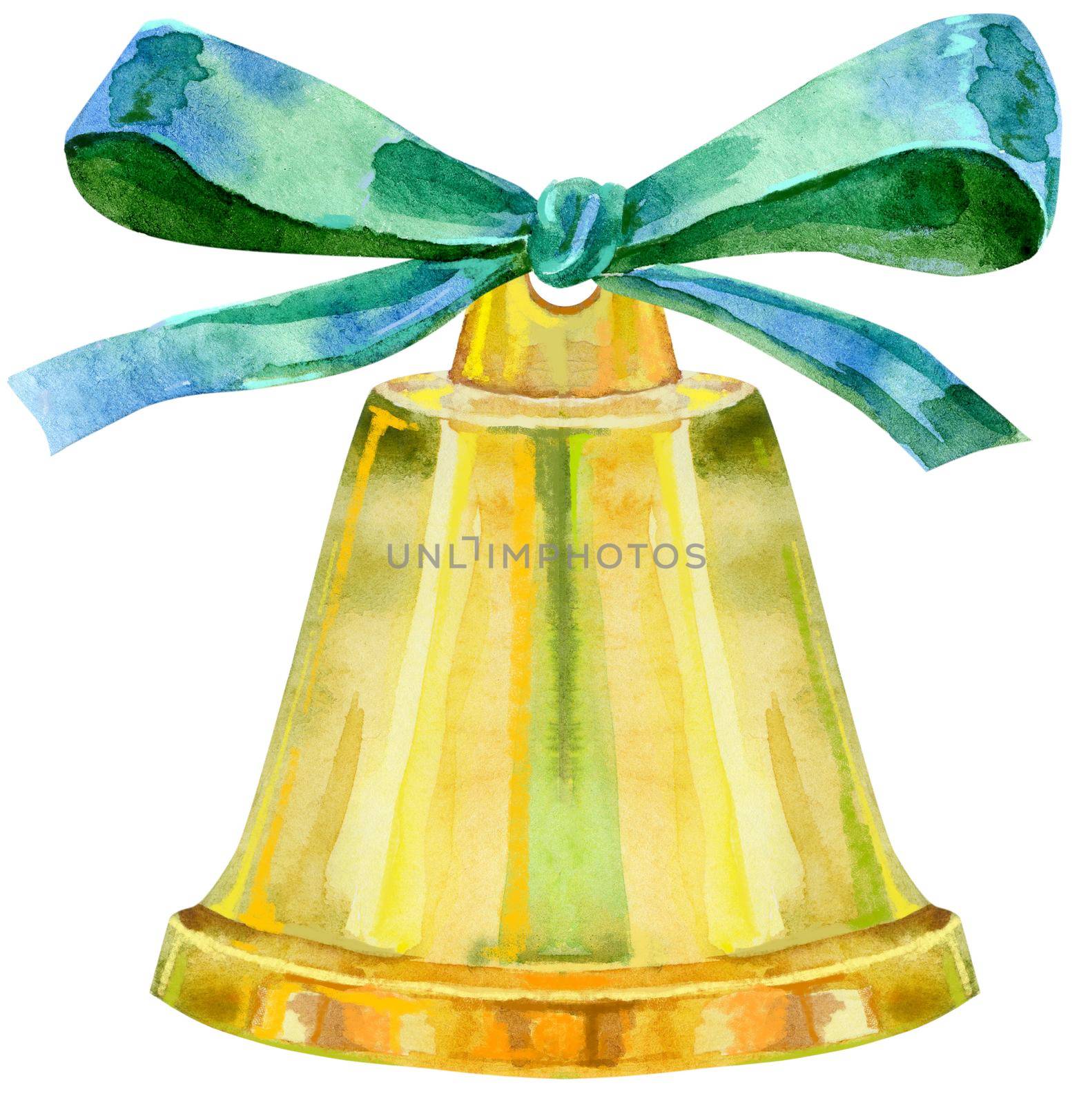 Golden watercolor christmas bell with green bow. Symbol of merry christmas and new year.
