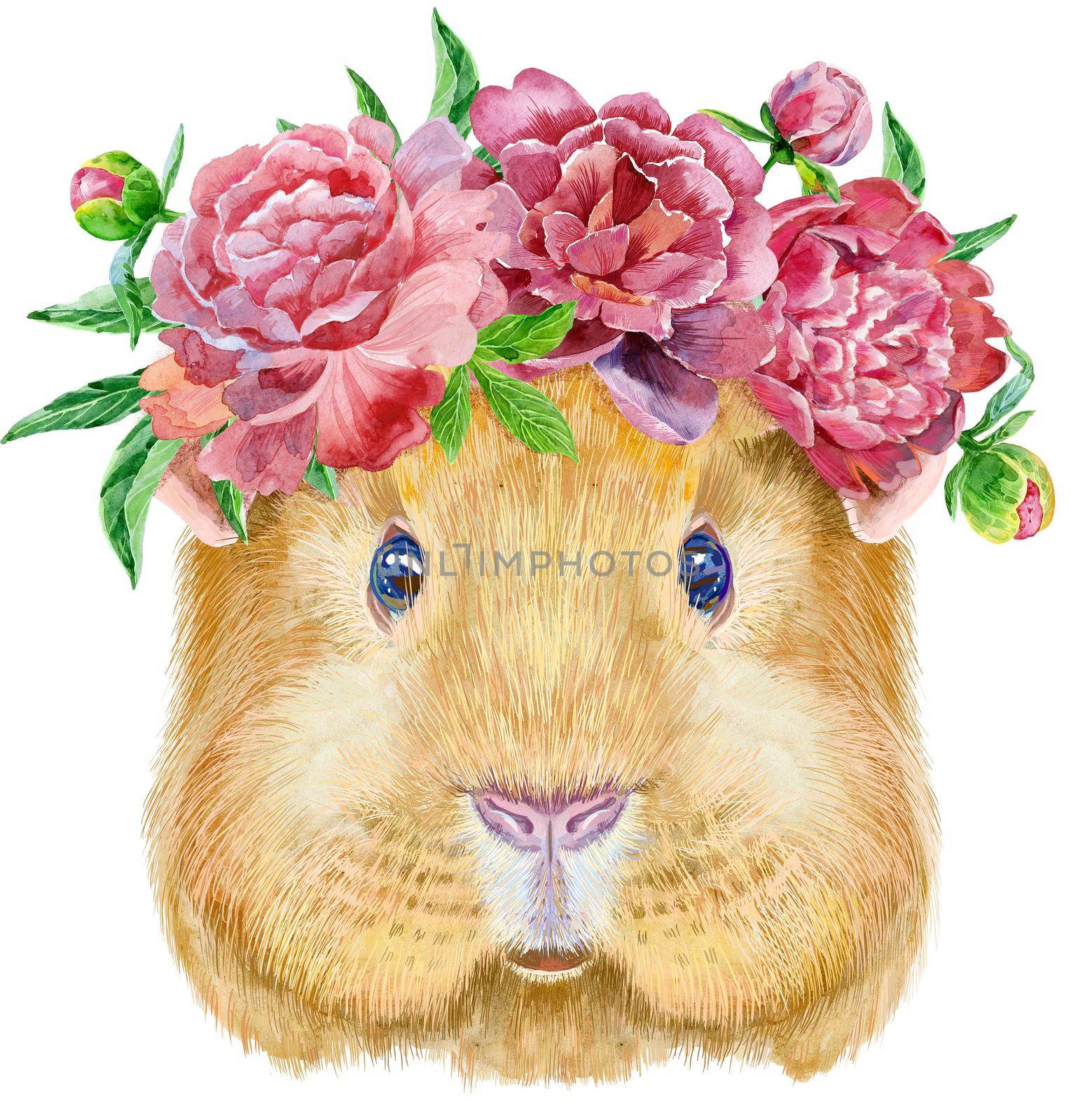 Guinea pig in a wreath of peonies. Pig for T-shirt graphics. Watercolor Self guinea pig illustration