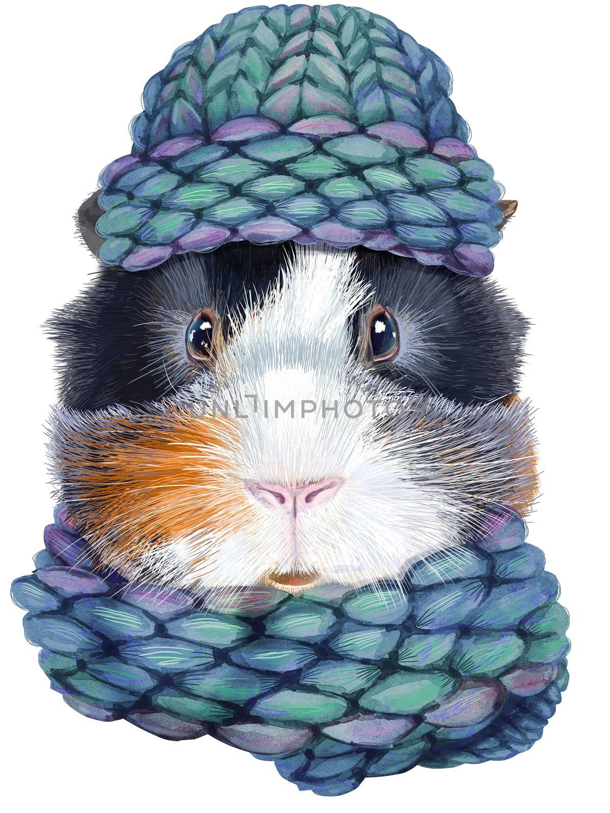 Watercolor portrait of abyssinian guinea pig in knitted emerald hat on white background by NataOmsk