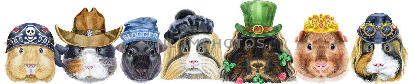 Cute cavy. Pig for T-shirt graphics. Watercolor guinea pigs border set