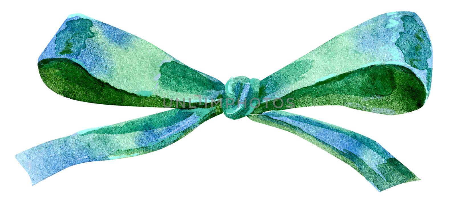 Watercolor green bow. Hand painted gift bow isolated on white background. Party or greeting object