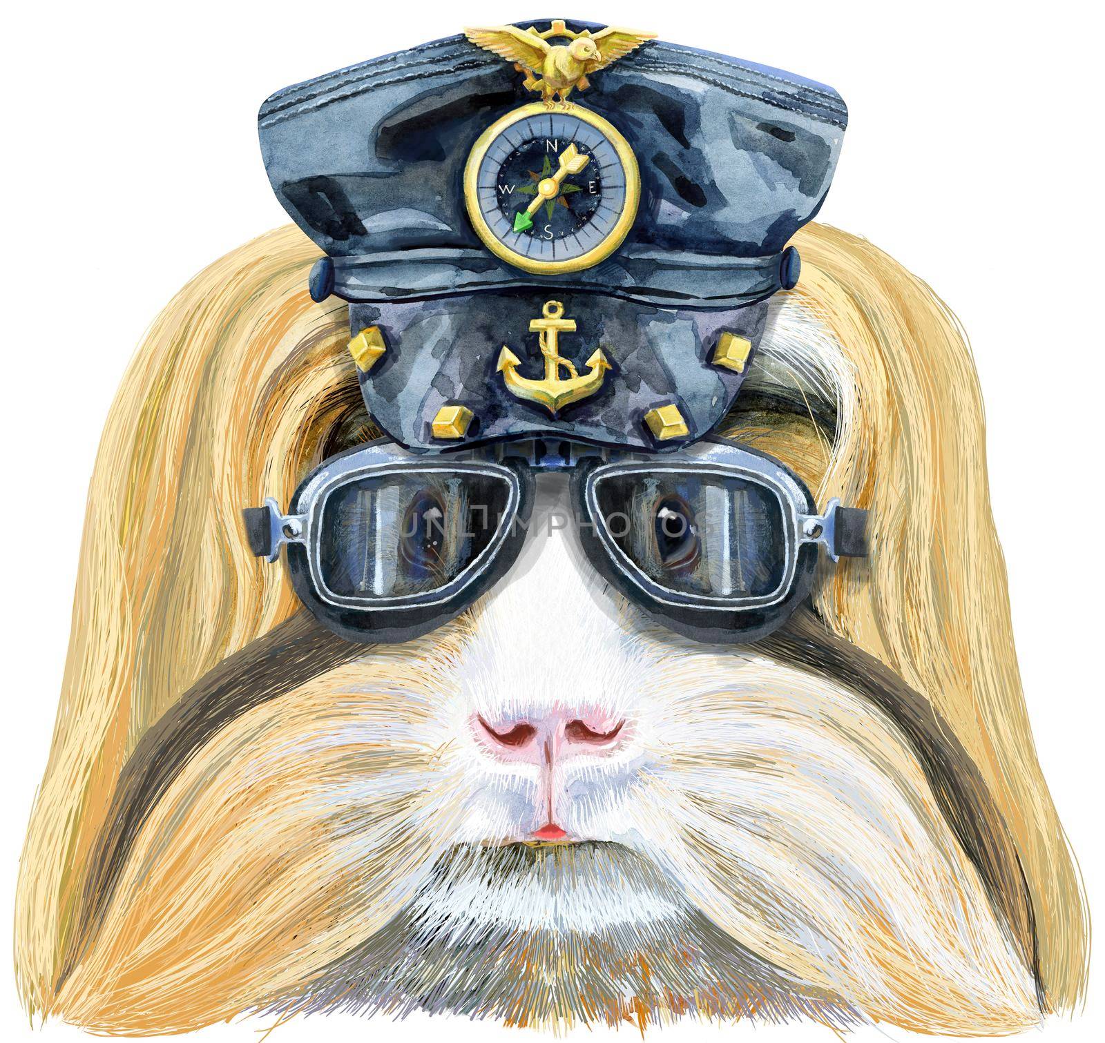 Watercolor portrait of Sheltie Guinea Pig wearing a leather cap and biker glasses on white background by NataOmsk