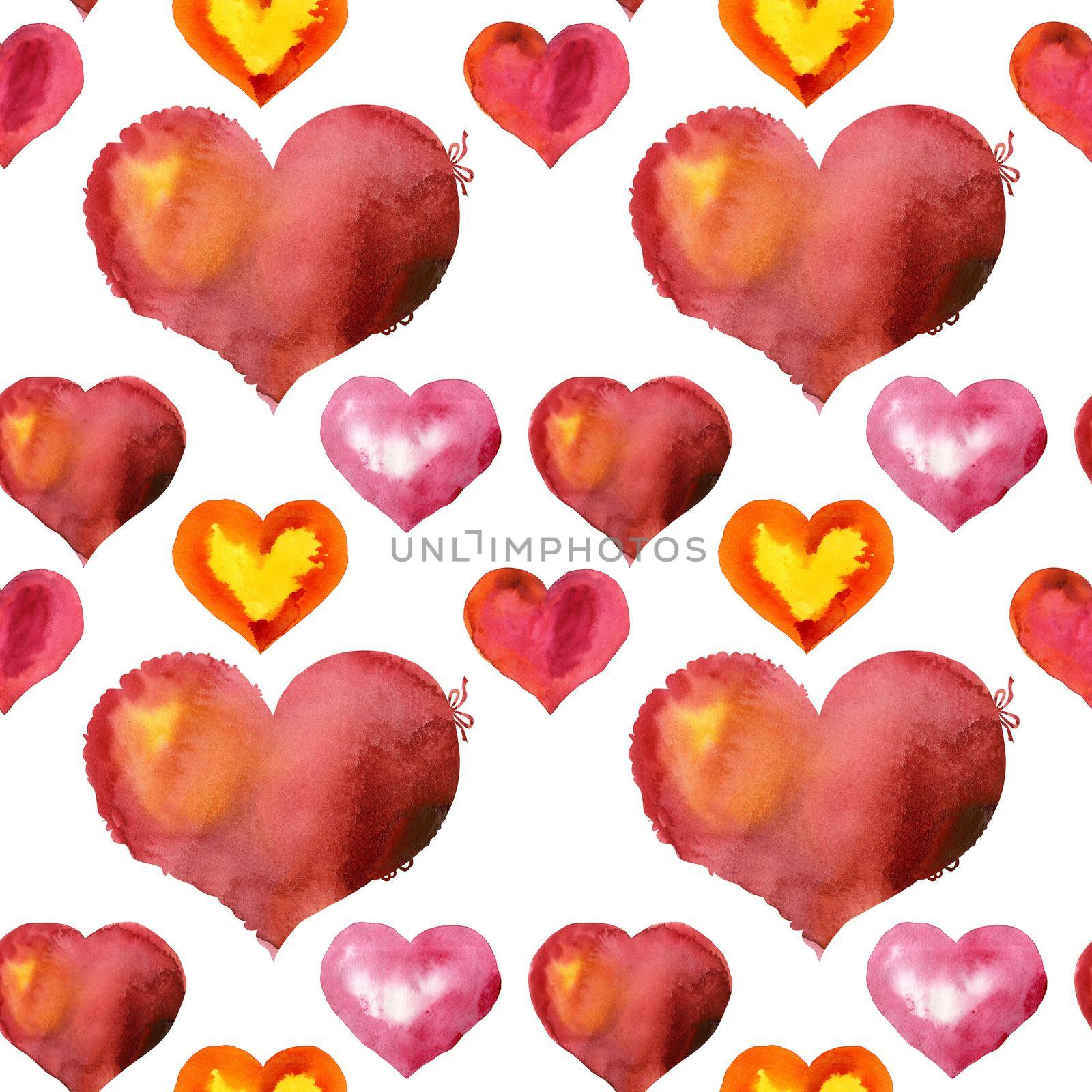 Seamless pattern of watercolor red hearts with light and shade, painted by hand