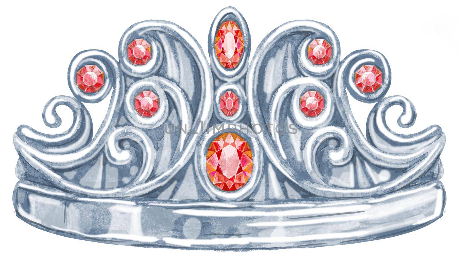 Watercolor silver crown with precious stones ruby