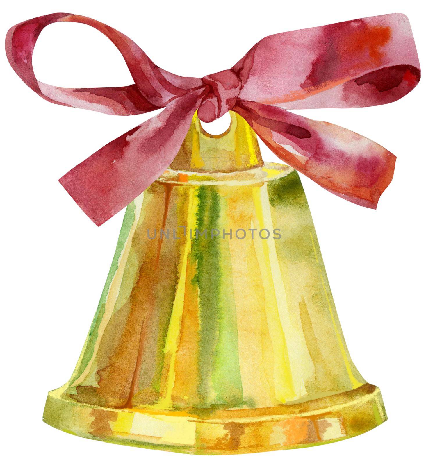 Golden watercolor christmas bell with red bow. Symbol of merry christmas and new year.