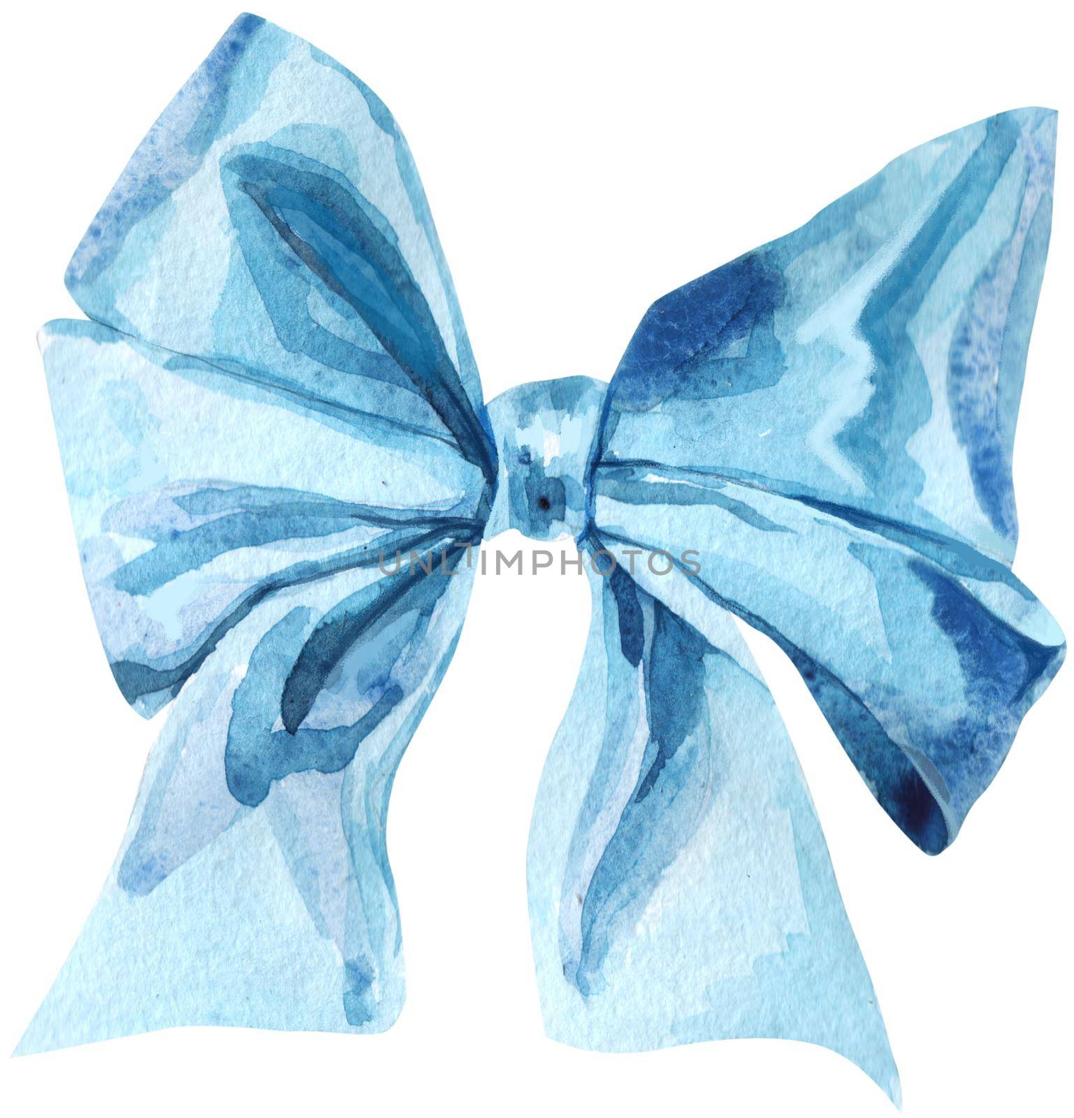 Watercolor light blue bow. Hand painted gift bow isolated on white background. Party or greeting object