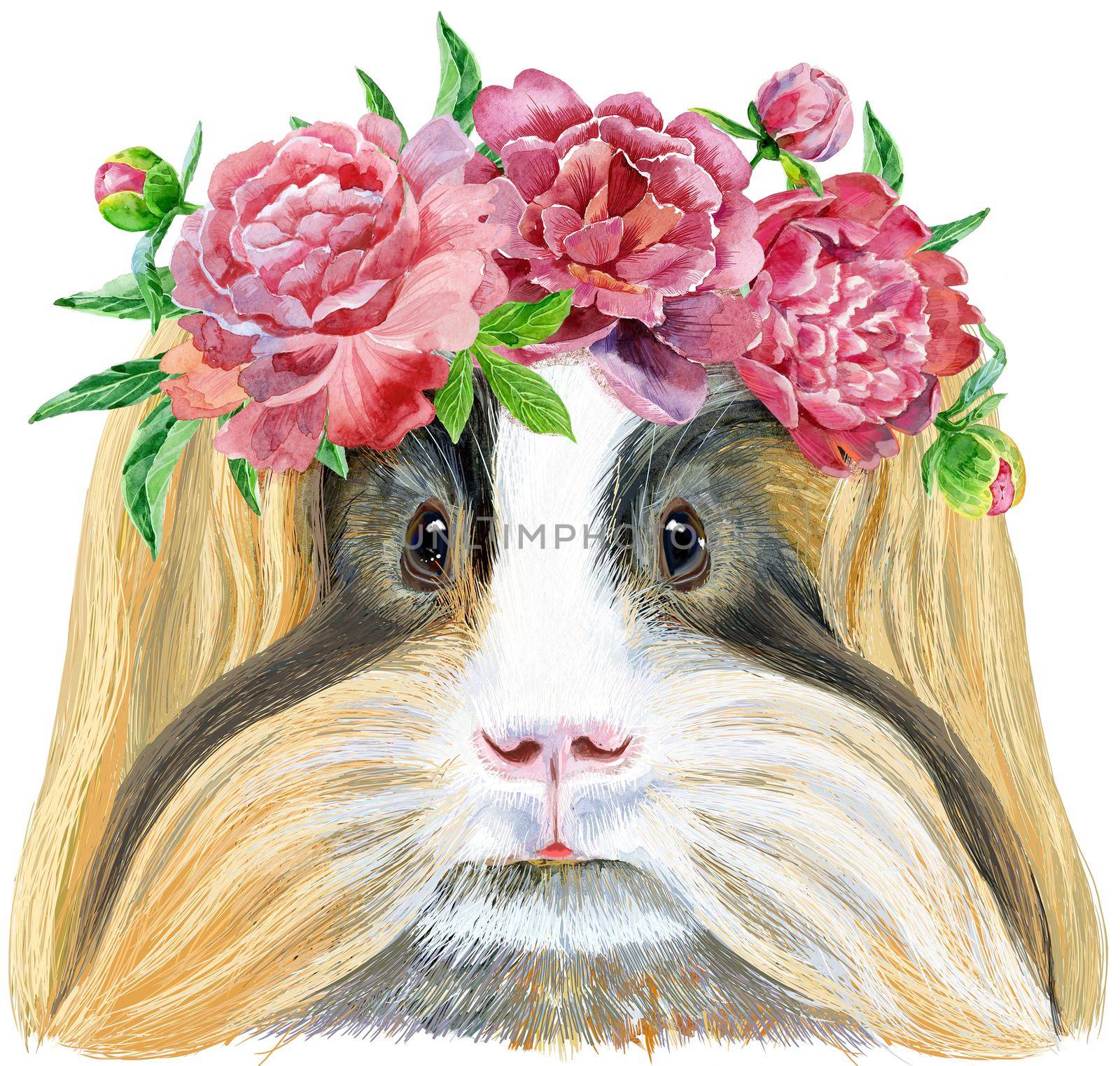 Cute cavy. Pig for T-shirt graphics. Watercolor Sheltie Guinea Pig with freesia wreath illustration