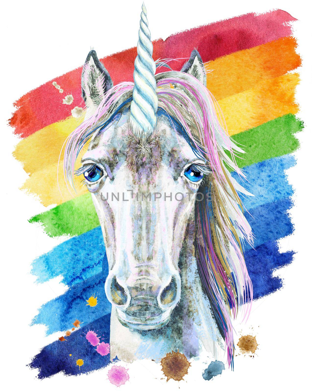 Isolated cute watercolor unicorn clipart. Nursery unicorns illustration. Princess rainbow poster. Trendy cartoon pony horse.