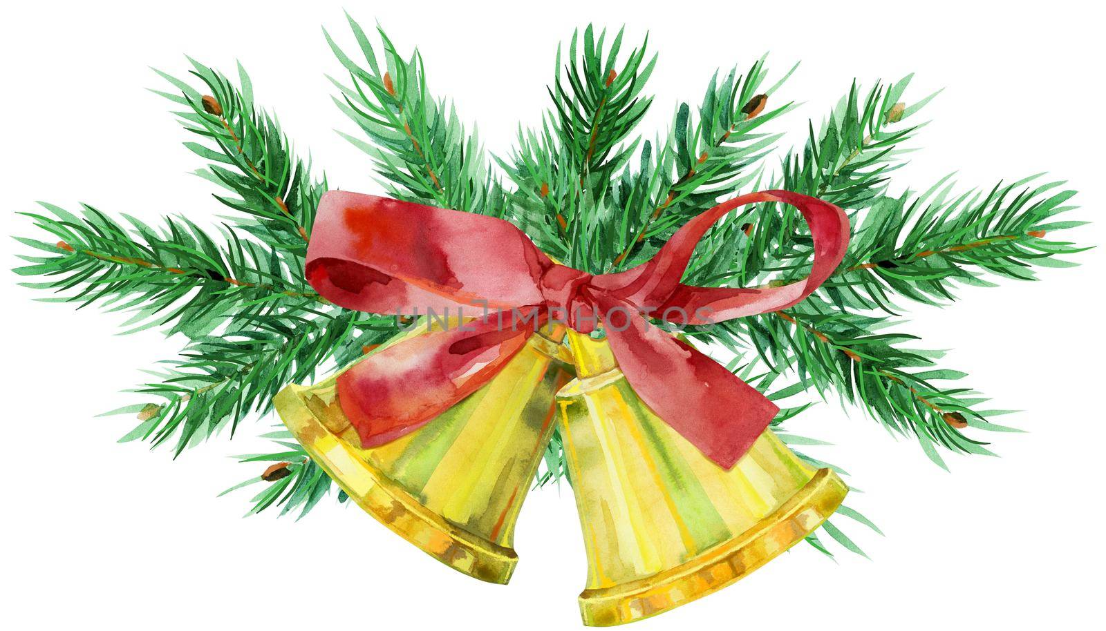 Golden watercolor christmas bells with red bow spruce branches. Symbol of merry christmas and new year.