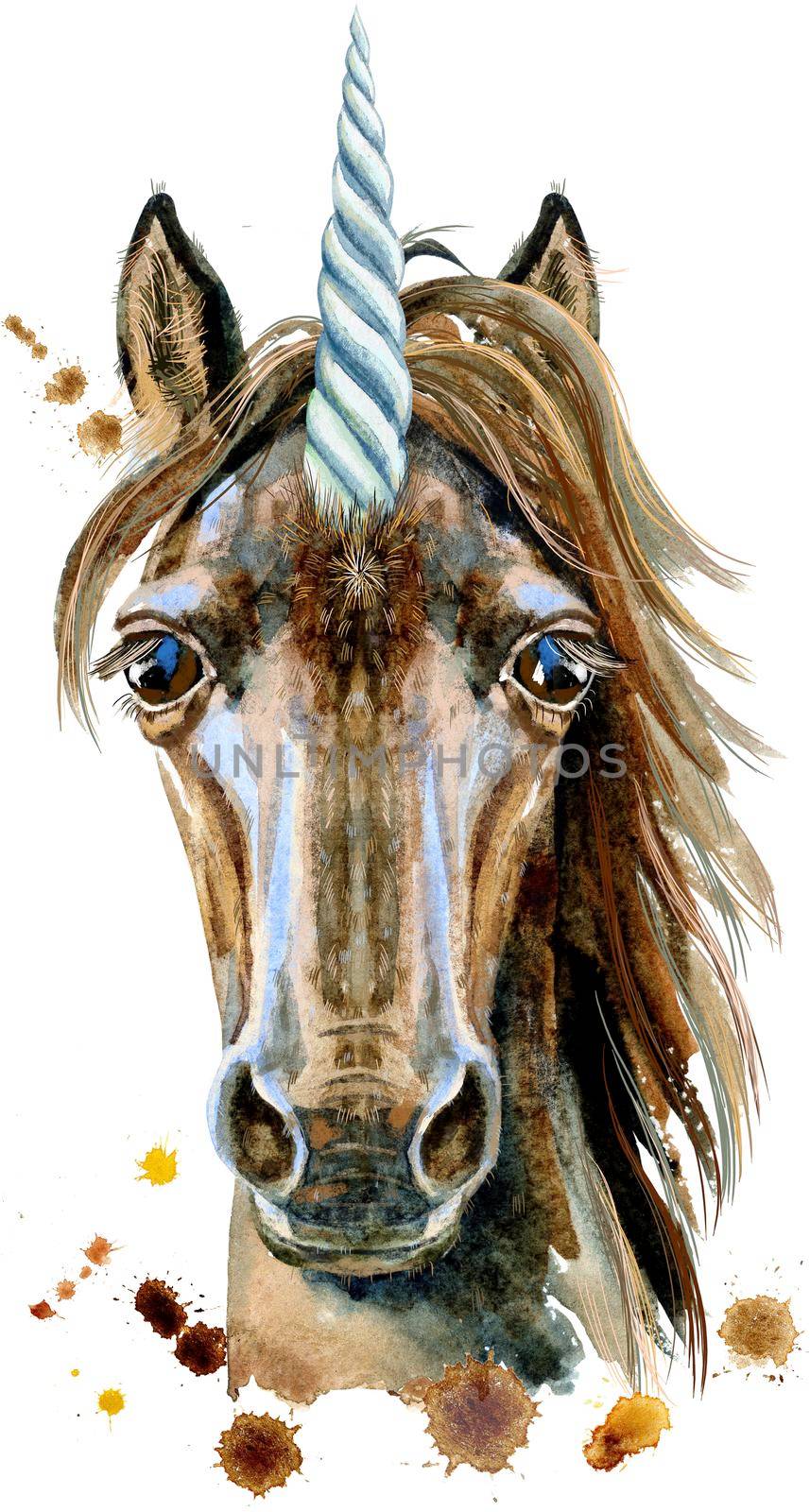 Isolated cute watercolor unicorn clipart. Nursery unicorns illustration. Princess rainbow poster. Trendy cartoon pony horse.