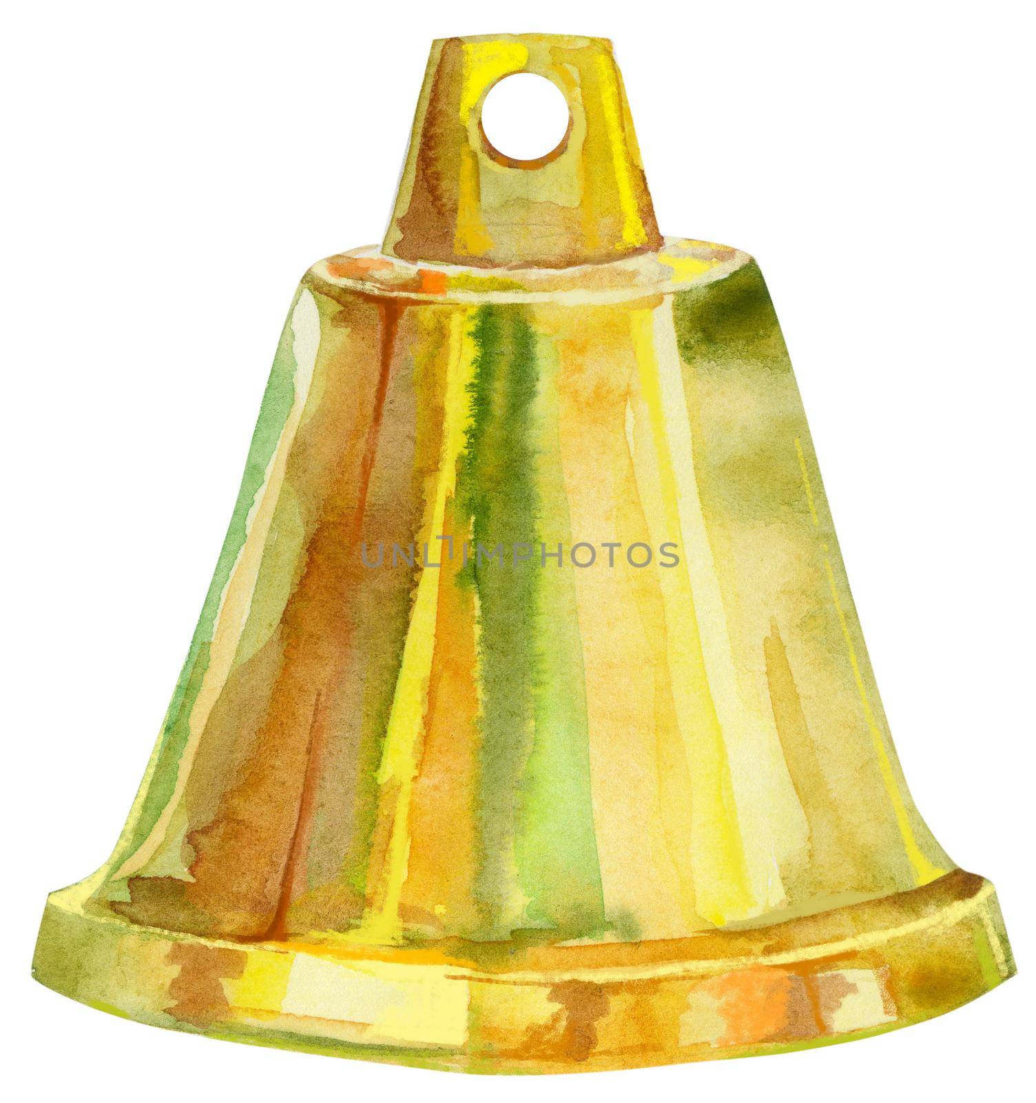 Golden watercolor christmas bells. Symbol of merry christmas and new year.