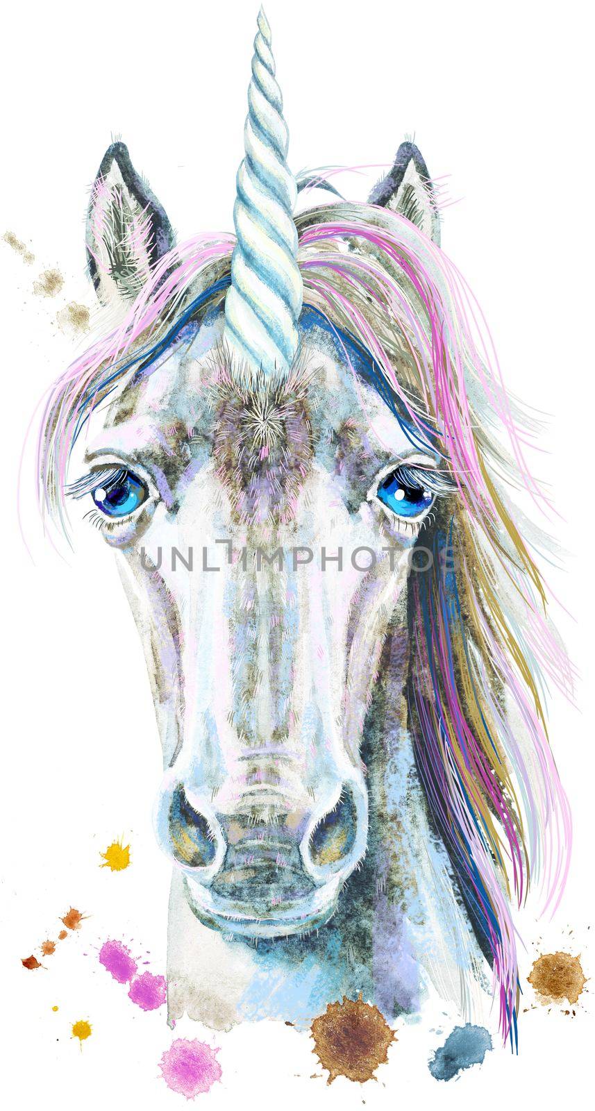 Isolated cute watercolor unicorn clipart. Nursery unicorns illustration. Princess rainbow poster. Trendy cartoon pony horse.