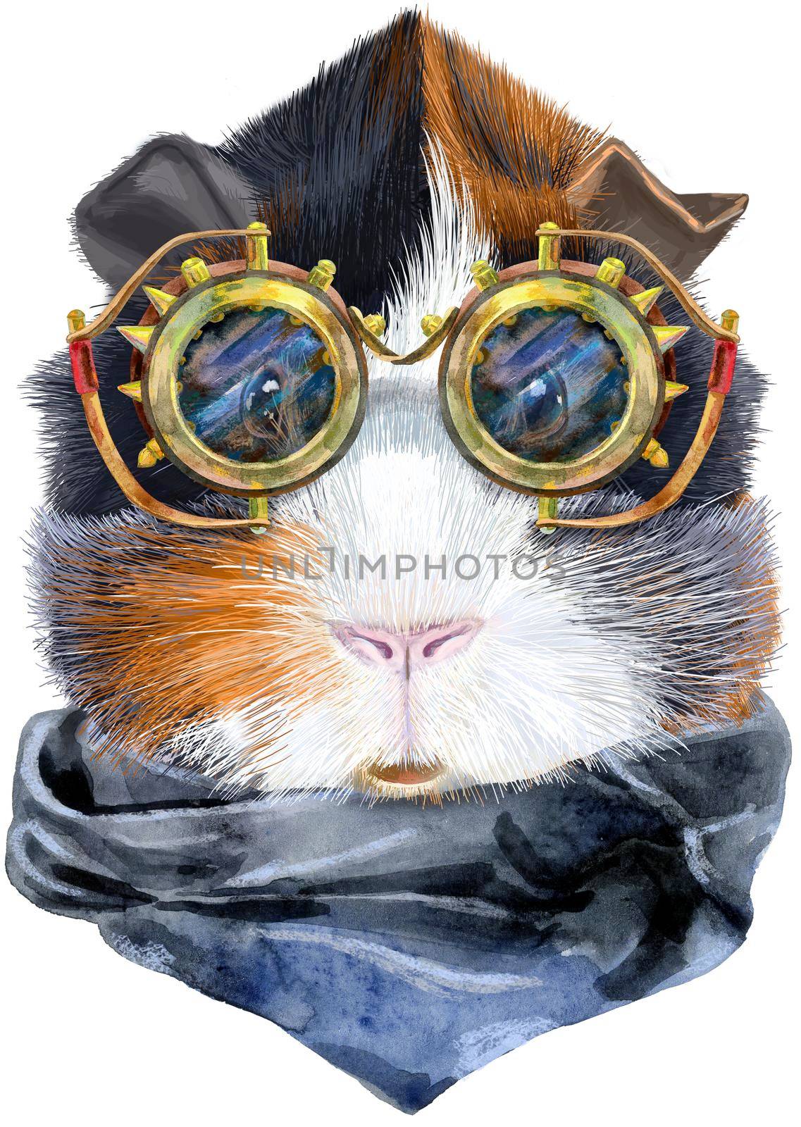 Watercolor portrait of abyssinian guinea pig with steampunk glasses on white background by NataOmsk