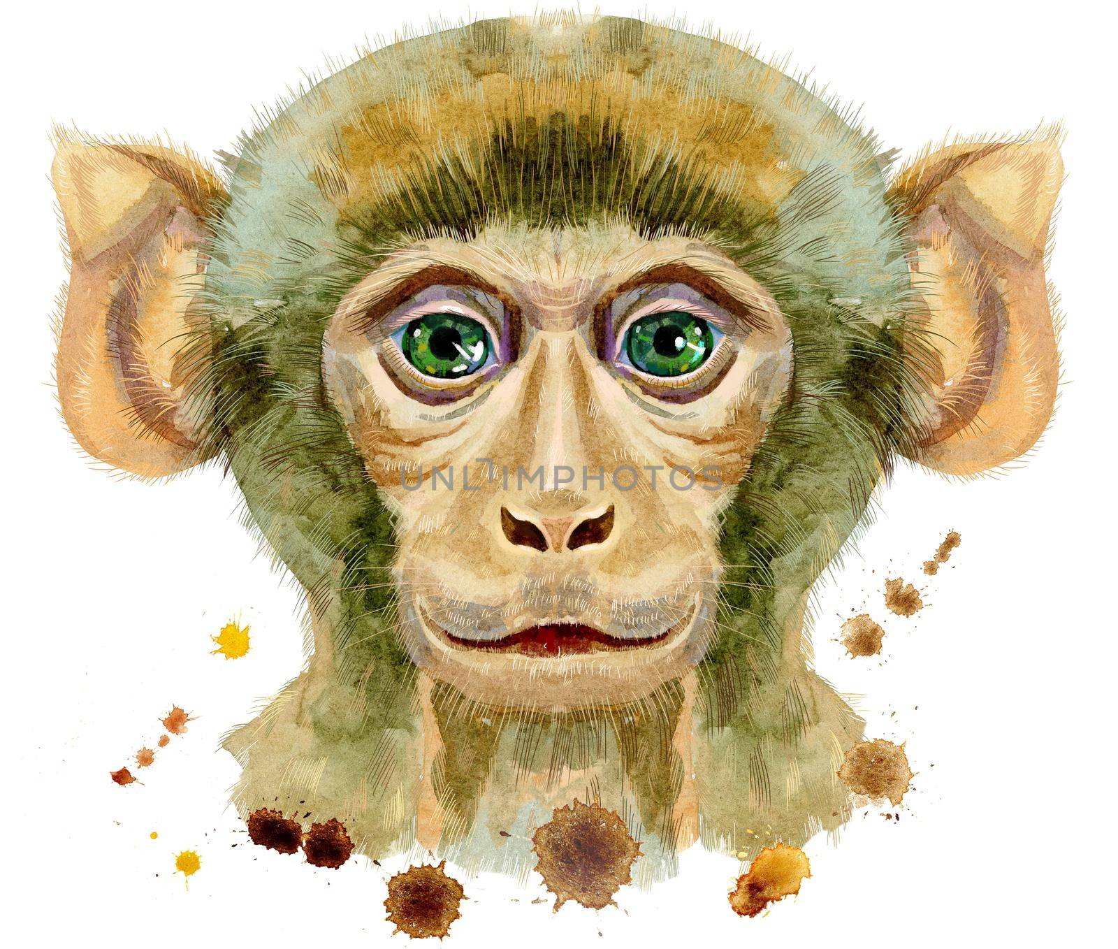 Monkey head horoscope character isolated on white background. Monkey watercolor illustration with splashes.
