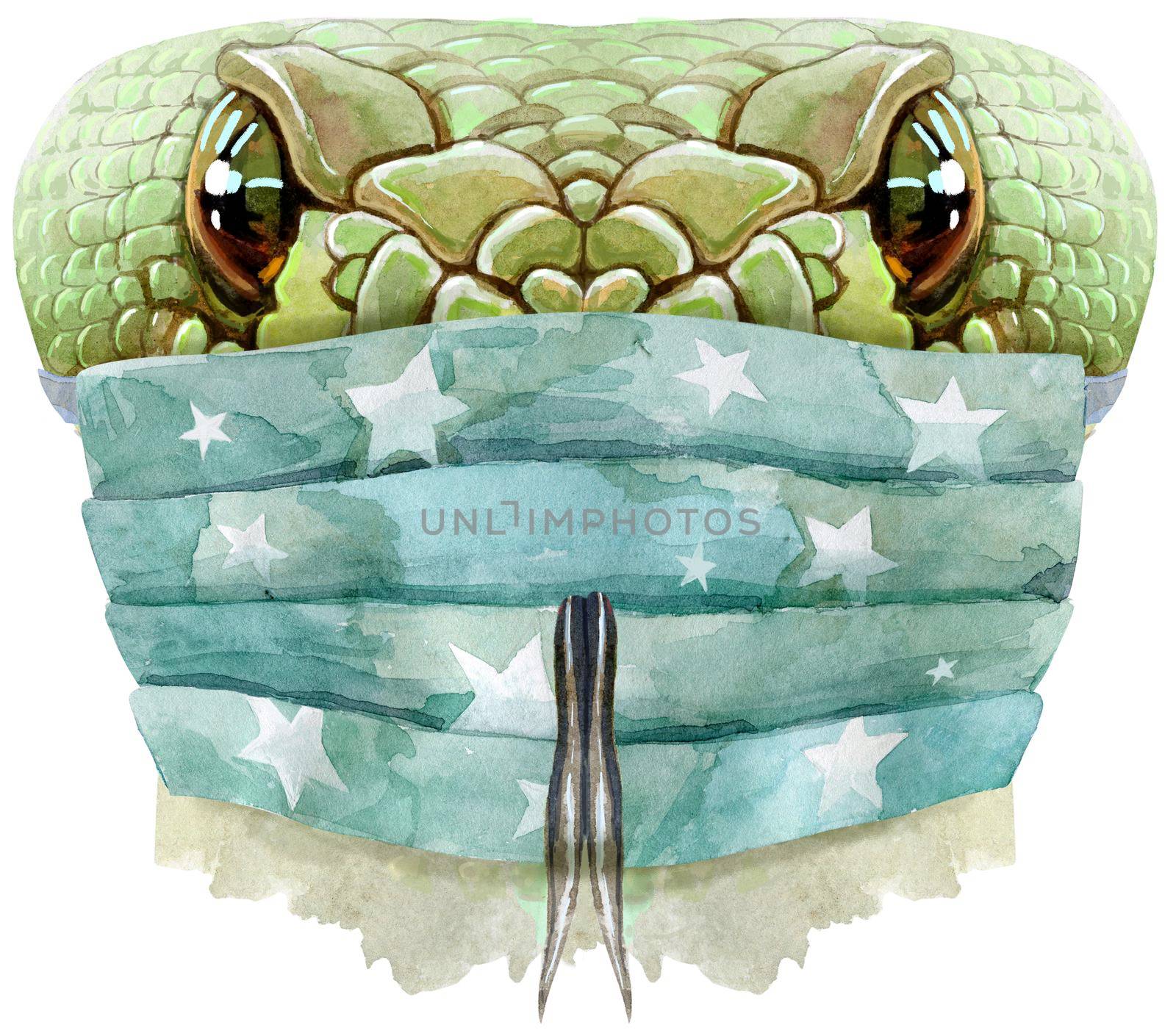 Snake head in protective mask. Isolated on white background. Green reptile watercolor illustration.