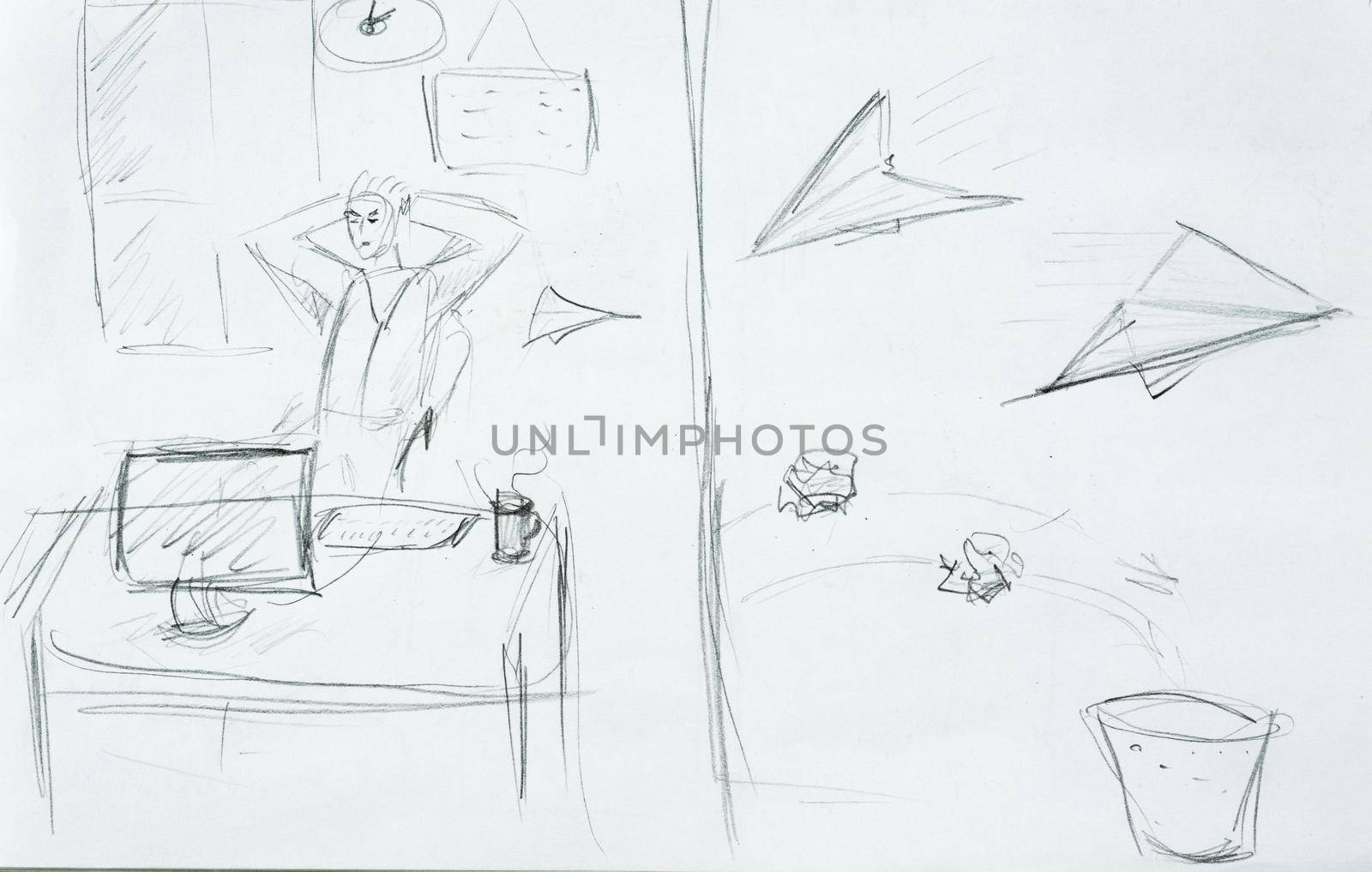 Hand drawn bored businessman in the office with paper jets