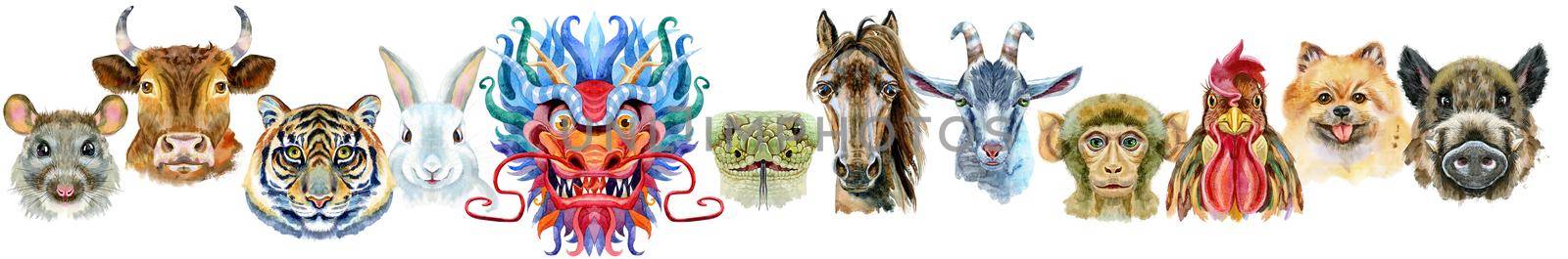 Border from watercolor twelve chinese zodiac animals by NataOmsk