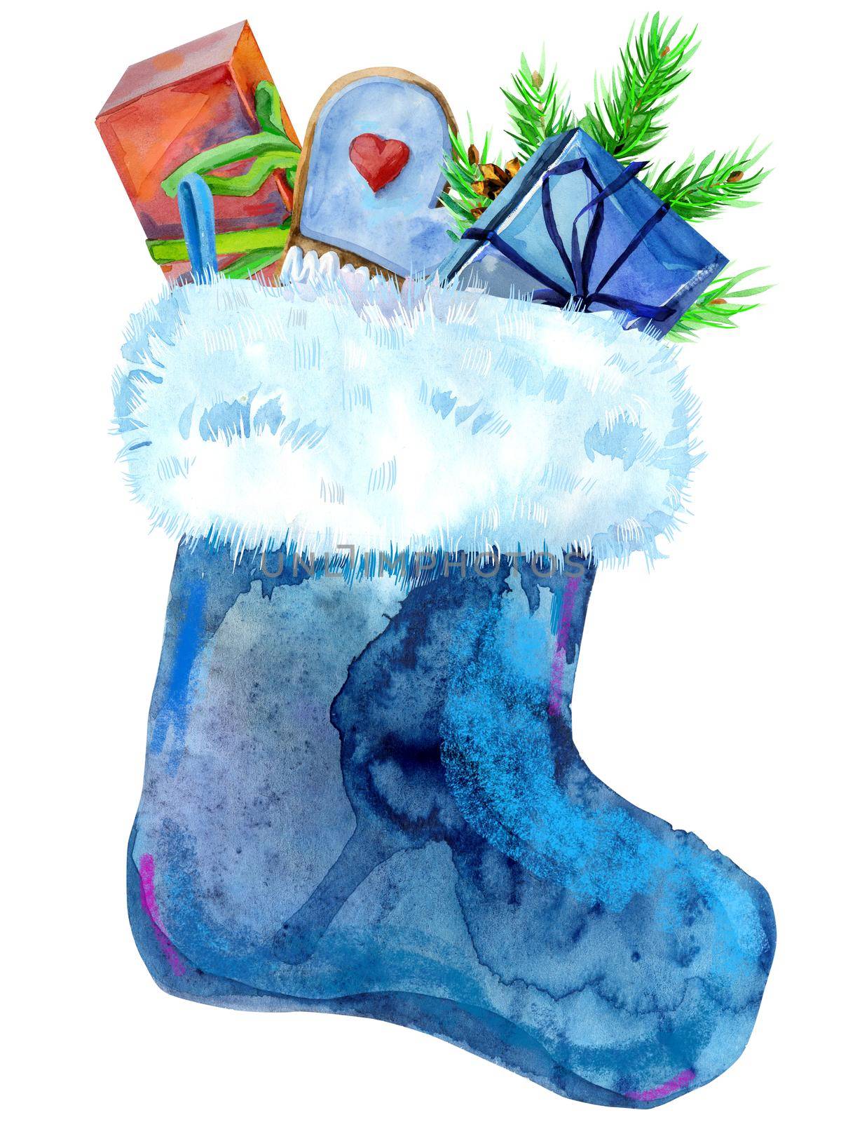 Christmas blue sock with white fur and gifts. Watercolor illustration. Isolated. by NataOmsk