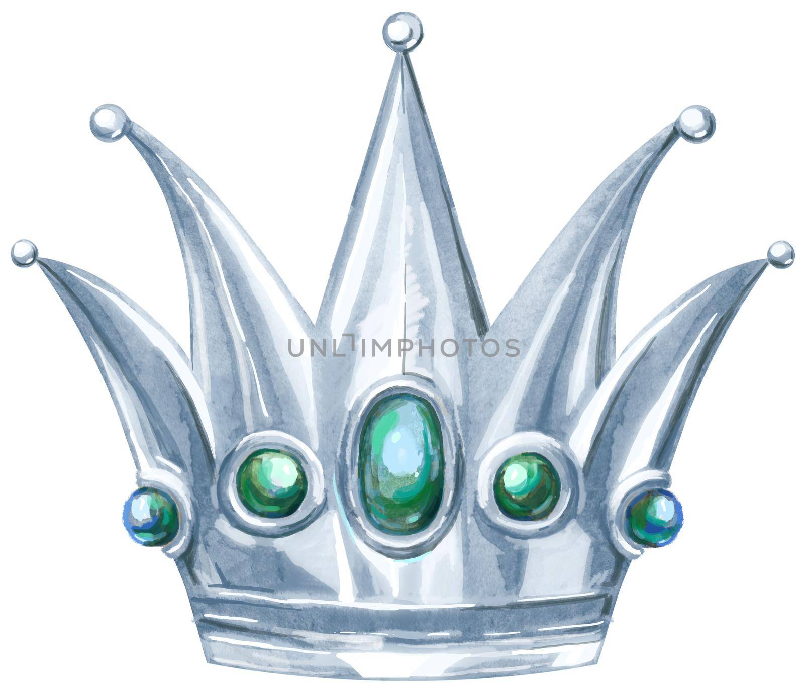 Watercolor silver crown with precious stones sapphire and emerald