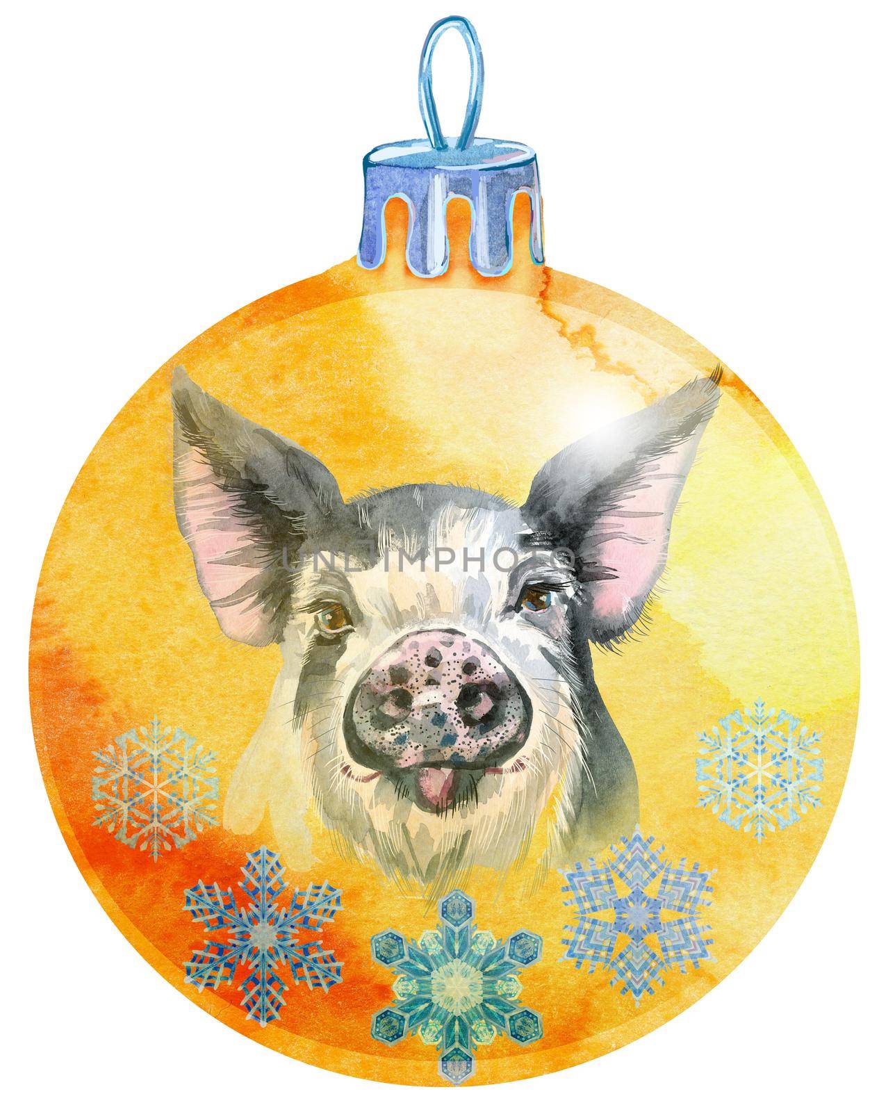 Watercolor Christmas ball with the image of a pig and snowflakes isolated on a white background.