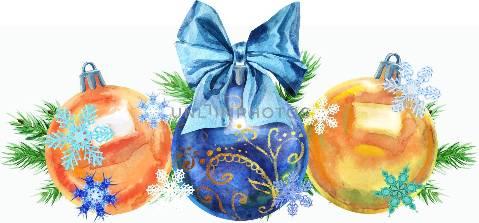 Watercolor Christmas tree border from balls with snowflakes. Card for your creativity