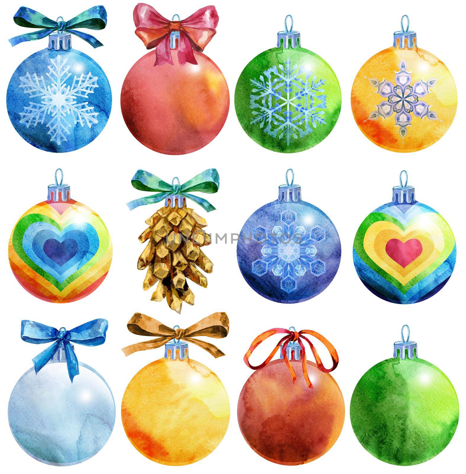 Set3 of Watercolor Christmas tree ball with image of pig and snowflakes. Card for your creativity