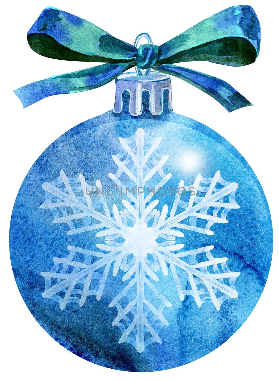 Watercolor Christmas blue ball with bow isolated on a white background.