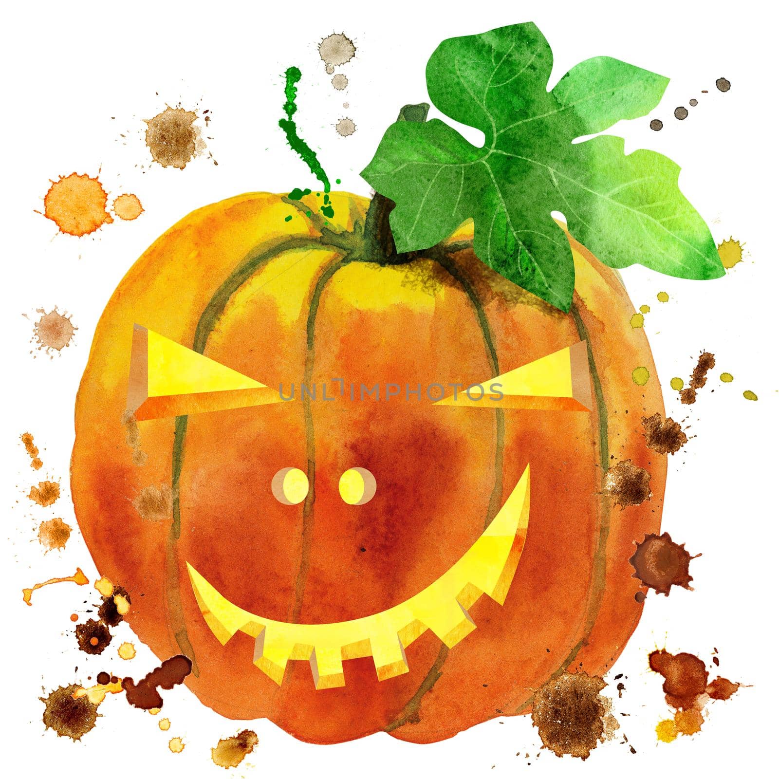 Watercolor halloween pumpkin. Hand painted carved faces pumpkins isolated on white background. Holiday illustration for design, print or background