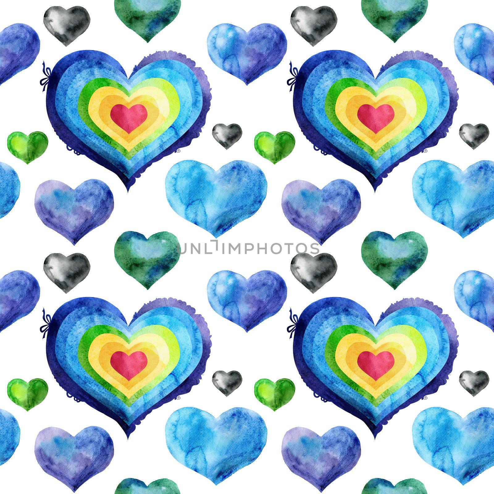 Seamless pattern with watercolor red and rainbow hearts by NataOmsk