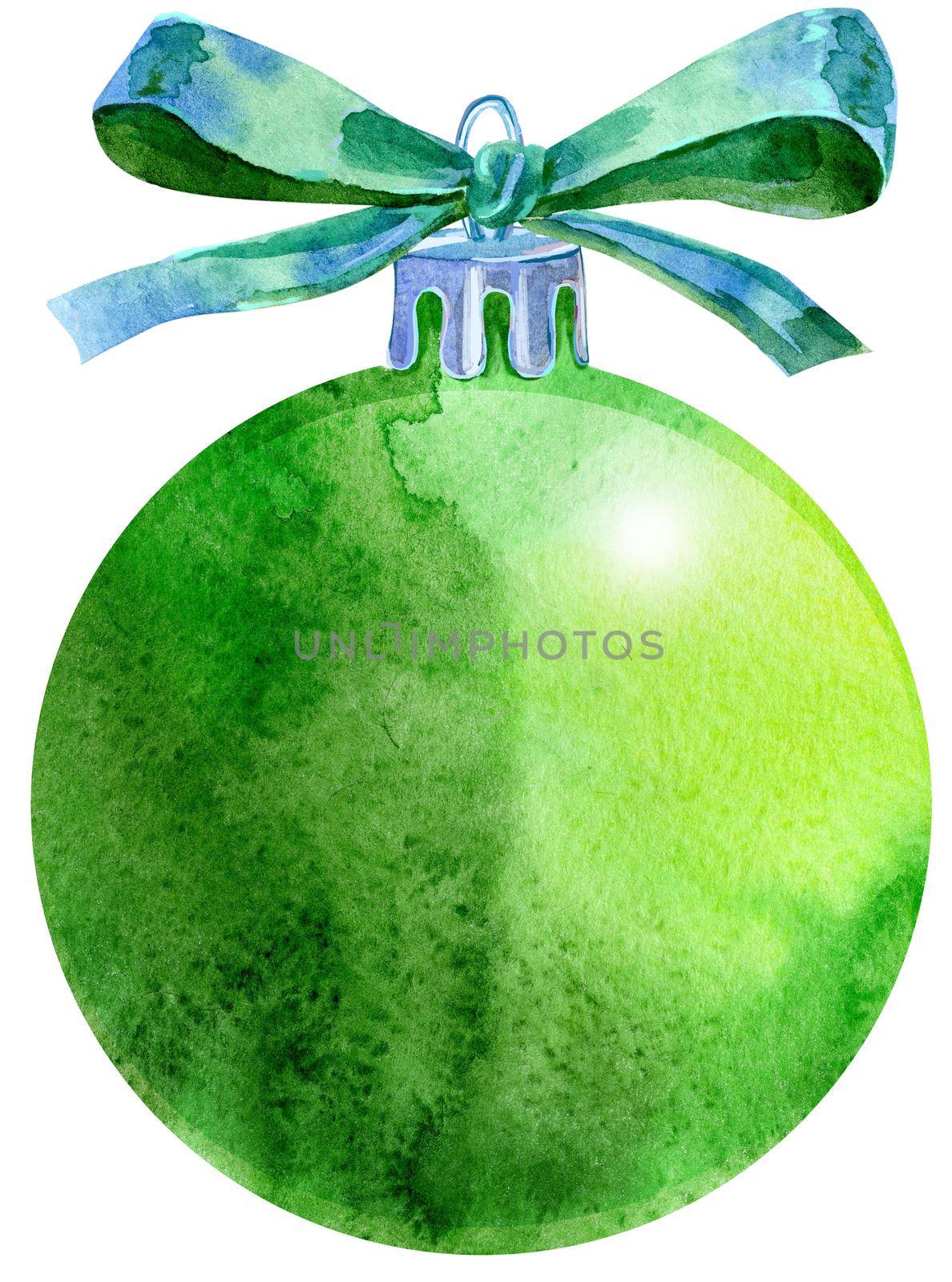 Watercolor green Christmas ball with bow isolated on a white background. by NataOmsk