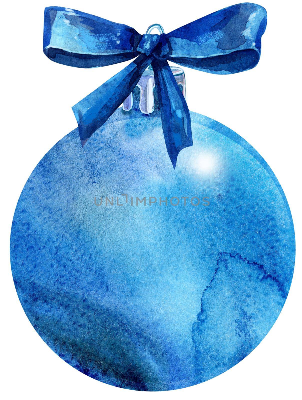 Watercolor blue Christmas ball with bow isolated on a white background. by NataOmsk