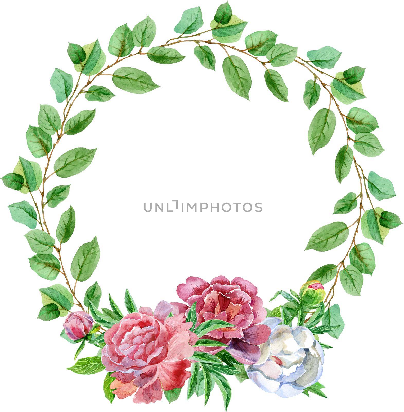 Wreath for decoration design. Vintage design. Herbal illustration with peonies. Natural backdrop