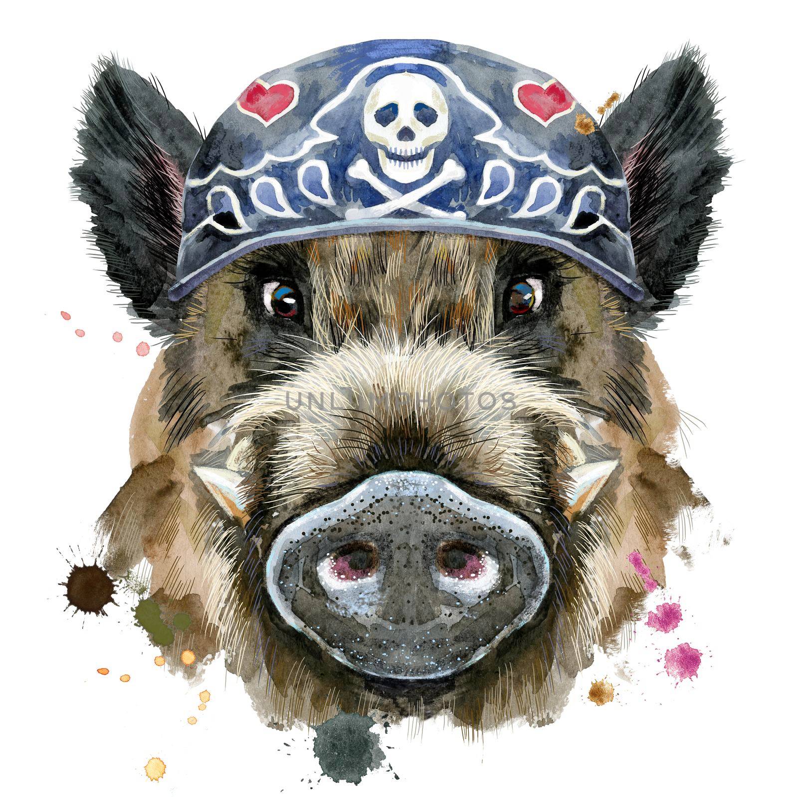 Cute piggy. Wild boar for T-shirt graphics. Watercolor illustration of brown boar wearing biker bandana