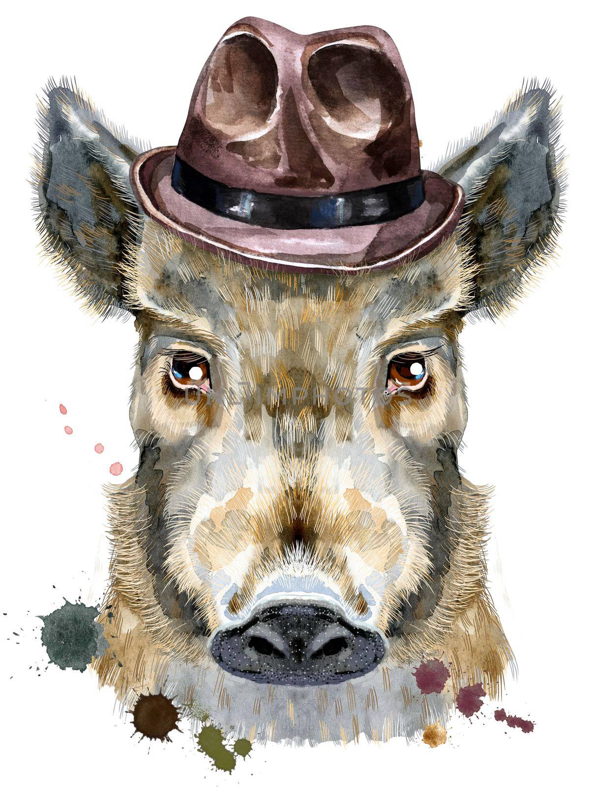 Cute piggy green hat. Wild boar for T-shirt graphics. Watercolor brown boar illustration
