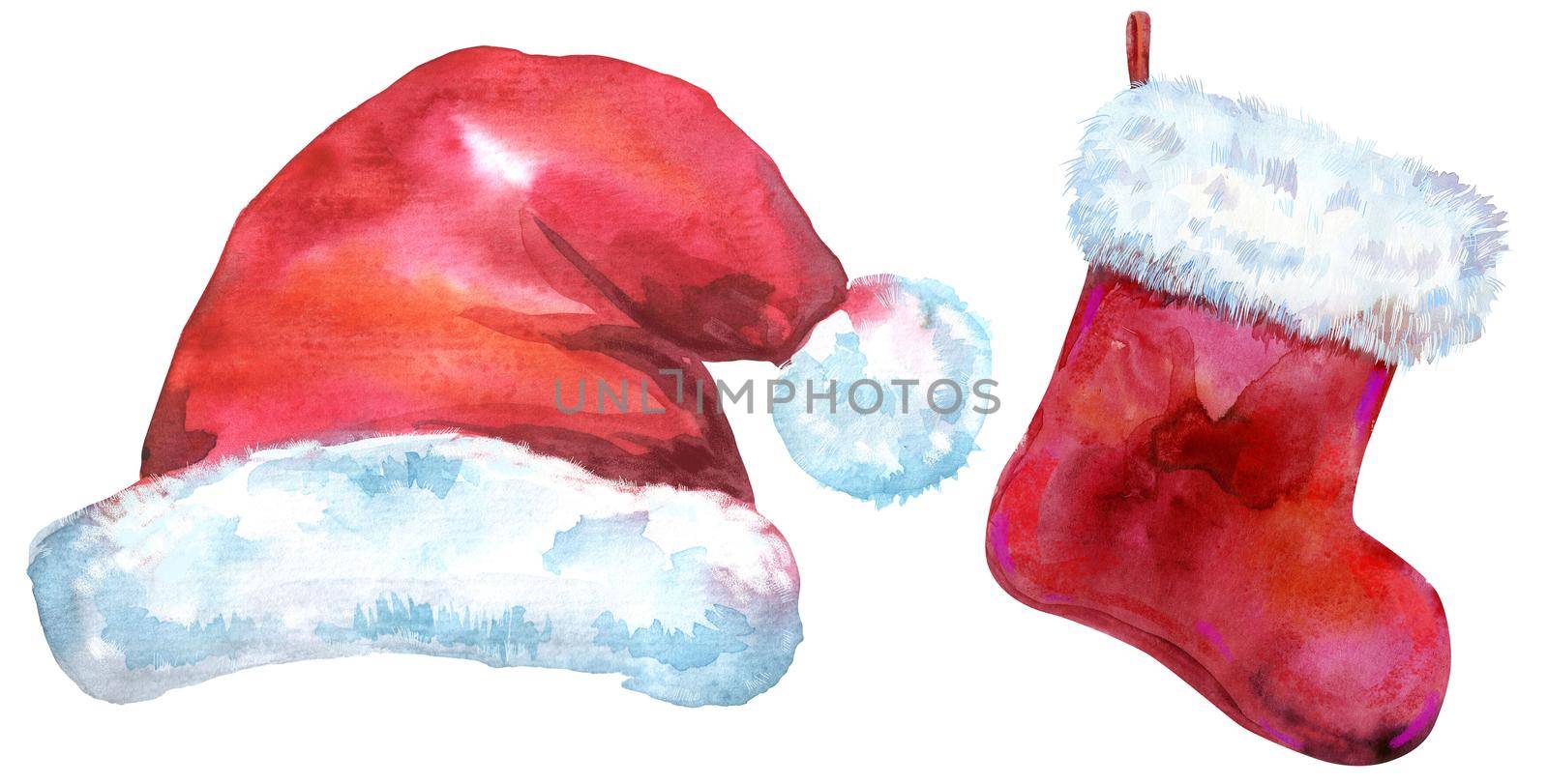 Christmas Santa red hat and sock for gift, watercolor illustration by NataOmsk