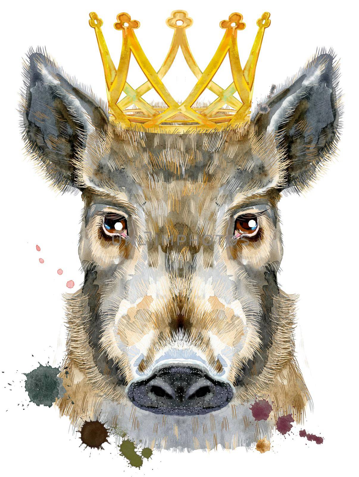Watercolor portrait of wild boar with golden crown by NataOmsk