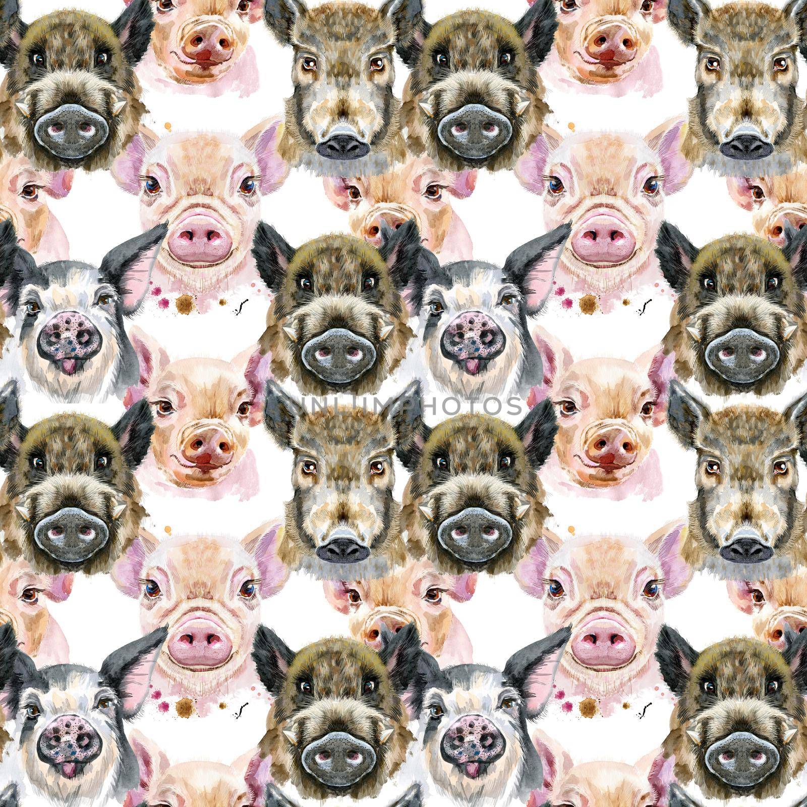 Seamless pattern of watercolor portrait pigs and boar by NataOmsk