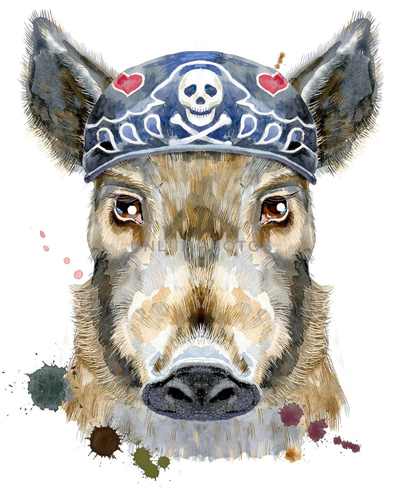 Cute piggy wearing biker bandana. Wild boar for T-shirt graphics. Watercolor brown boar illustration
