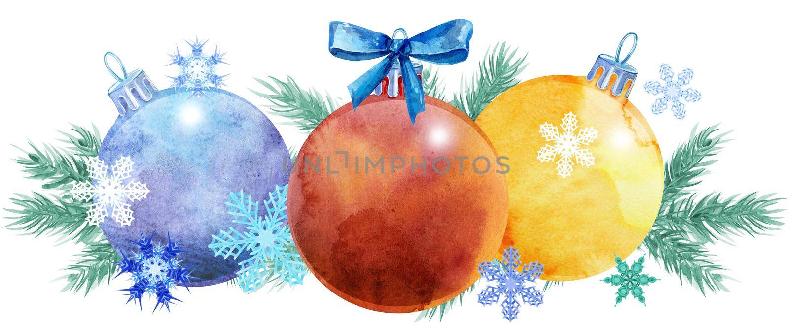 Watercolor Christmas tree border from balls with snowflakes. Card for your creativity