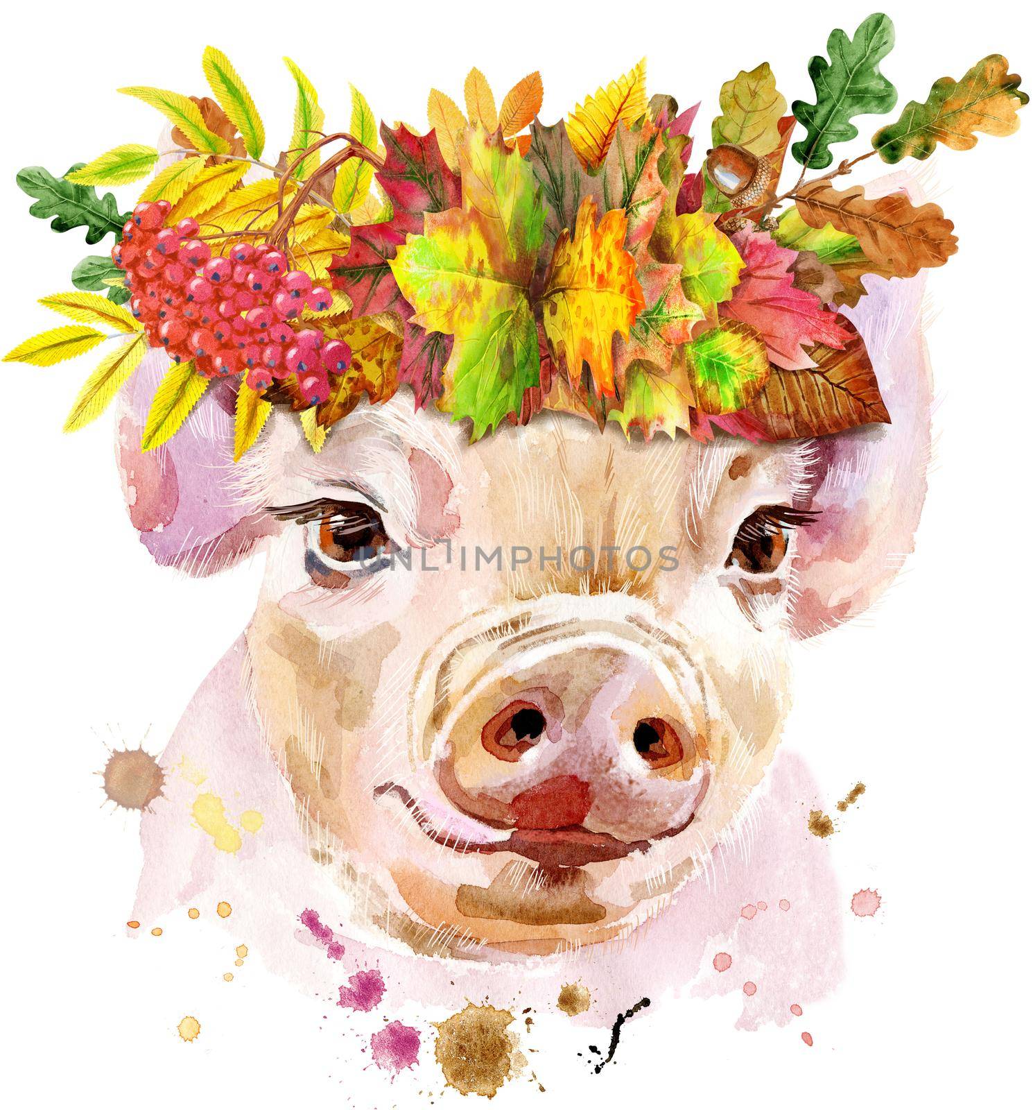 Cute piggy with wreath of leaves. Pig for T-shirt graphics. Watercolor pink mini pig illustration