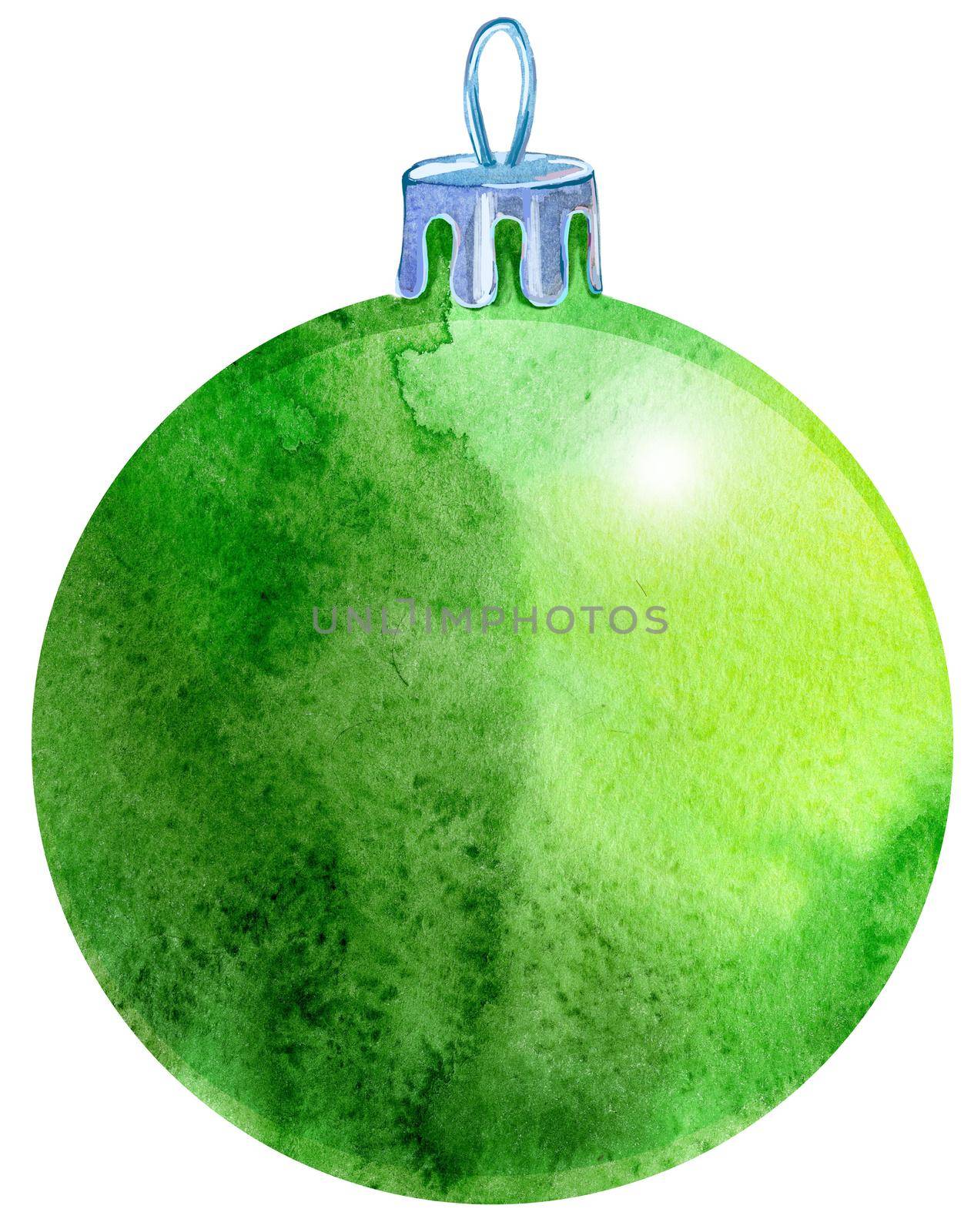 Watercolor Christmas green ball isolated on a white background.