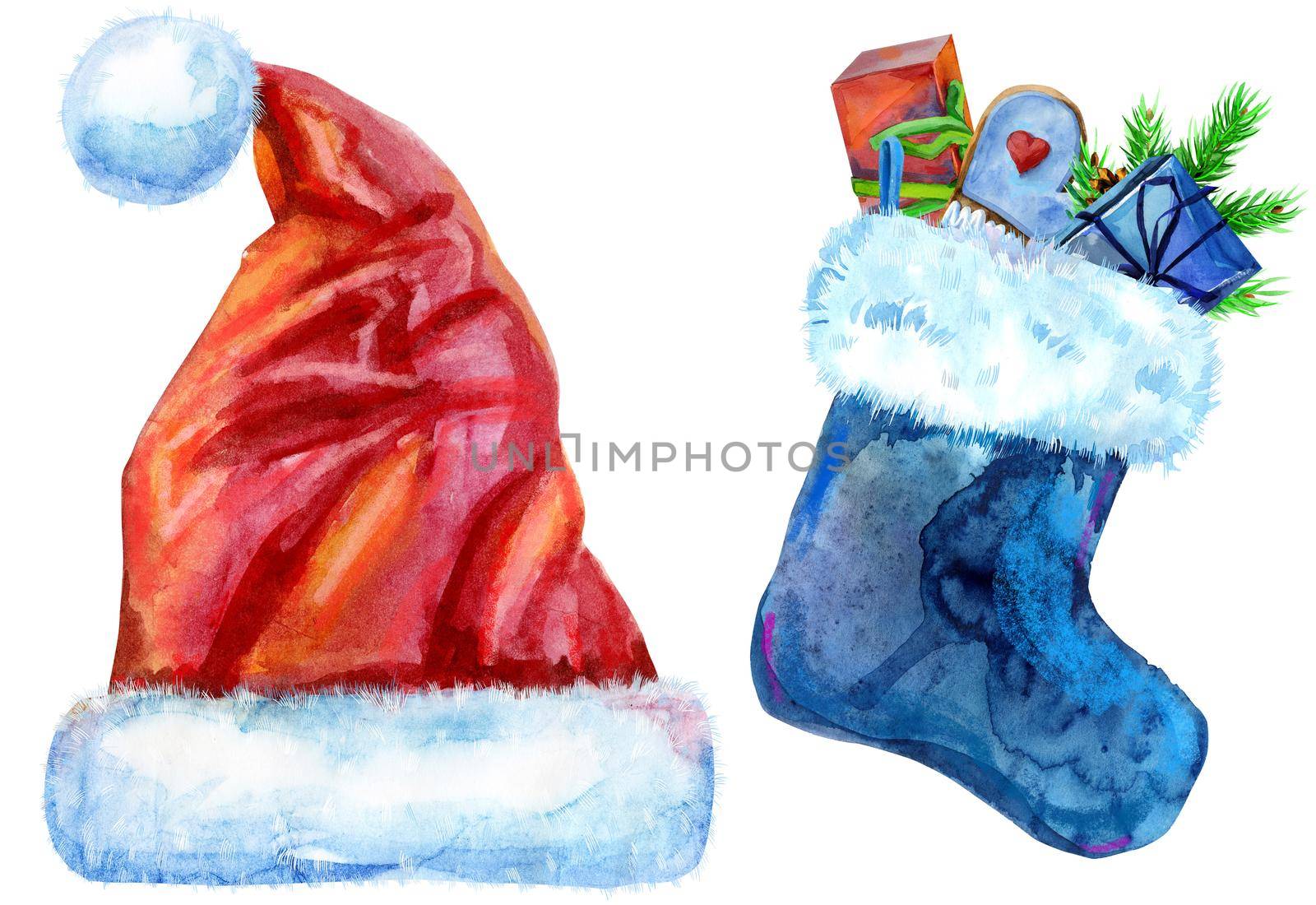 Santa Claus red hat and sock for gif. Watercolor illustration, isolated on white