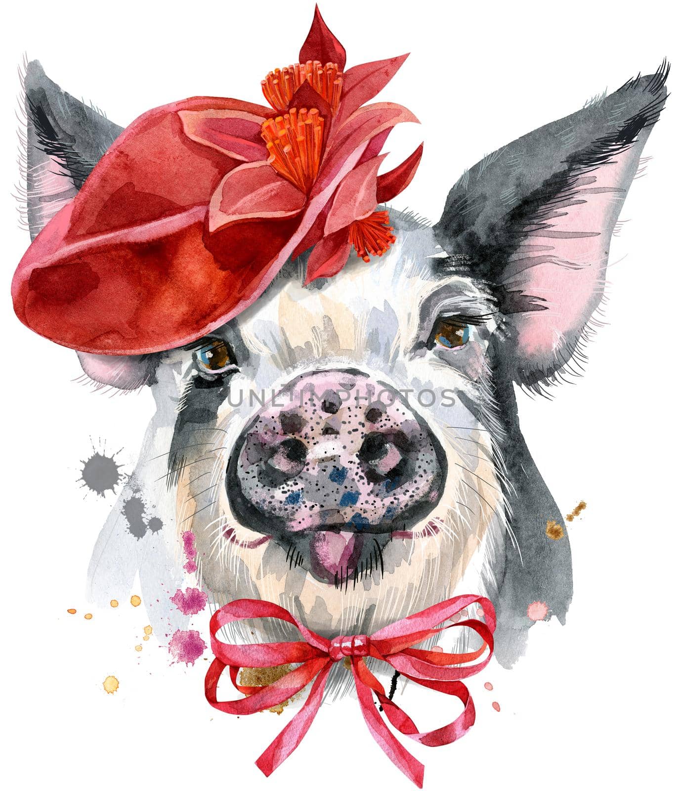 Cute piggy in red hat. Pig for T-shirt graphics. Watercolor pig in black spots illustration